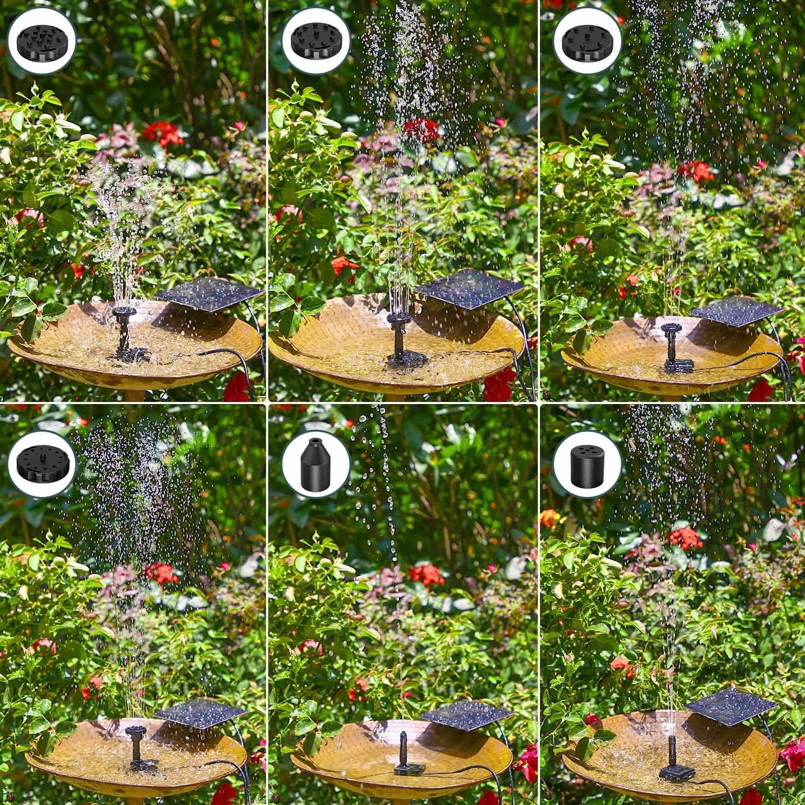 AMZtime Solar Fountain 1.5W 6 Stylami Fontann DIY Solar Pond Pump for Garden Ponds