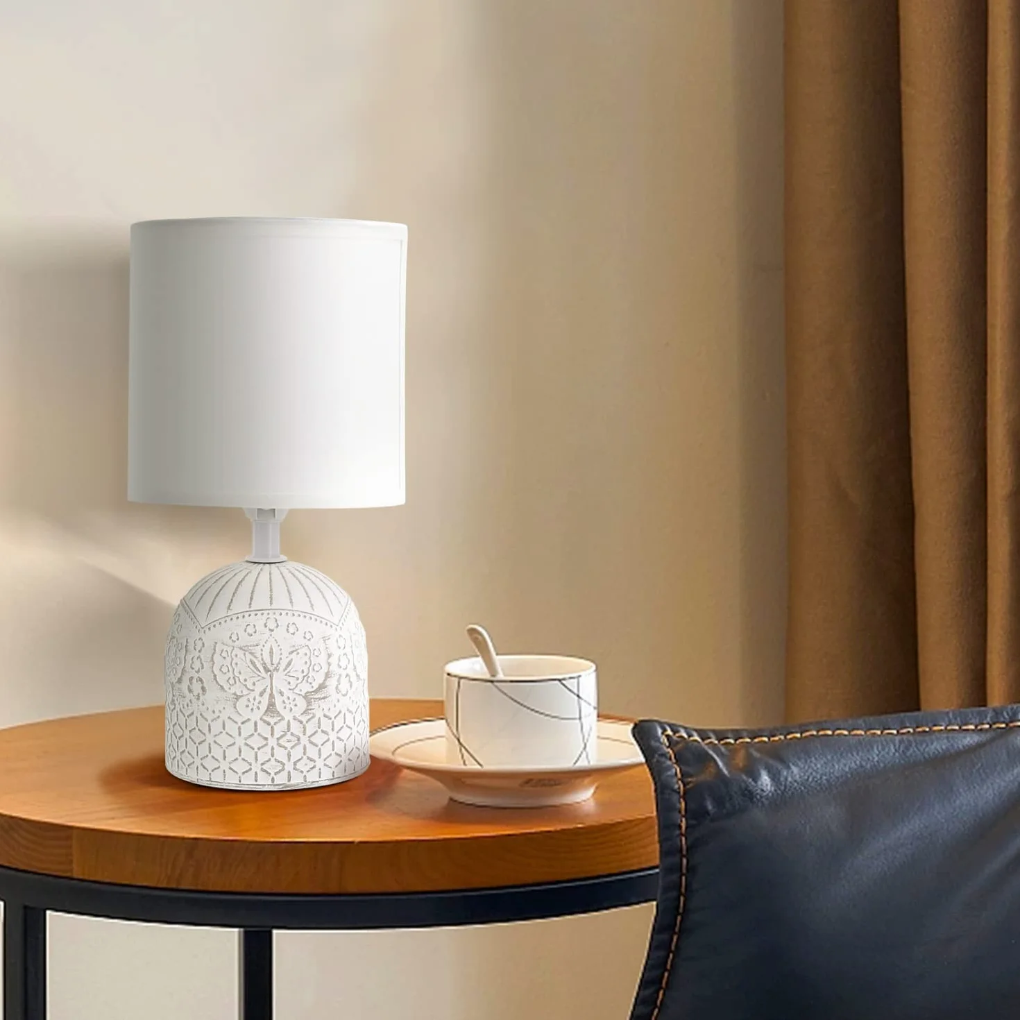 Aigostar - Lampki nocne, Lampa stołowa ceramiczna E14, Biały klosz z tkaniny, Lampki nocne w stylu vintage do sypialni, salonu, pokoju gościnnego, Dł. 13 x Wys. 26 cm