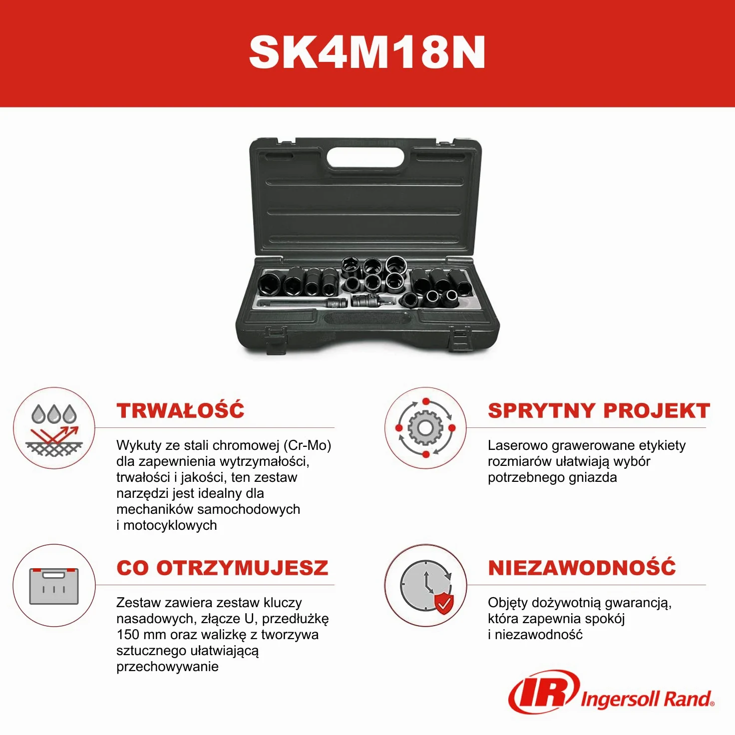 Ingersoll Rand SK4M18N SK4M18LN - Zestaw 18 Uniwersalnych i Metrycznych Nasadek Udarowych, 1/2" Napęd, Pełny Zestaw