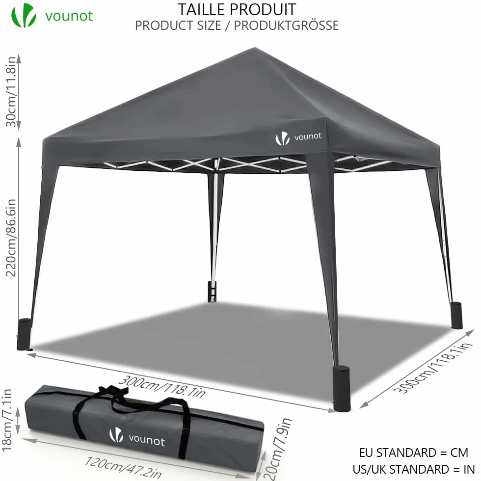 VOUNOT Altana składana 3x3m, z 4 workami na piasek, składany pawilon Pop Up, ochrona UV 50+, szary