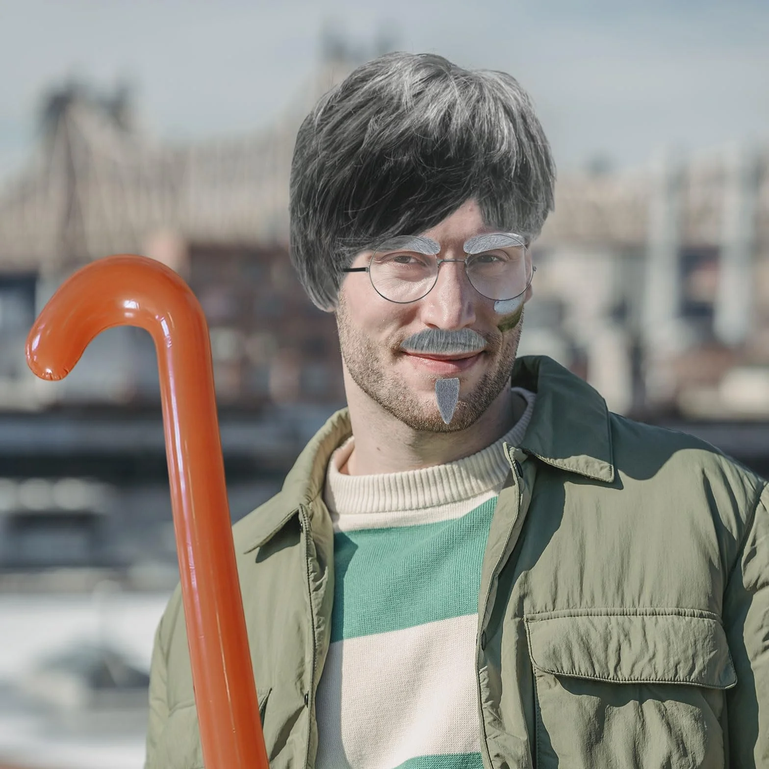 MIVAIUN Zestaw 8 fantazyjnych sukienek, dla dziadka, peruka starca, szara sztuczna broda, brwi, czapka, okulary, nadmuchiwana laska do chodzenia, męska peruka kostium na imprezę cosplay