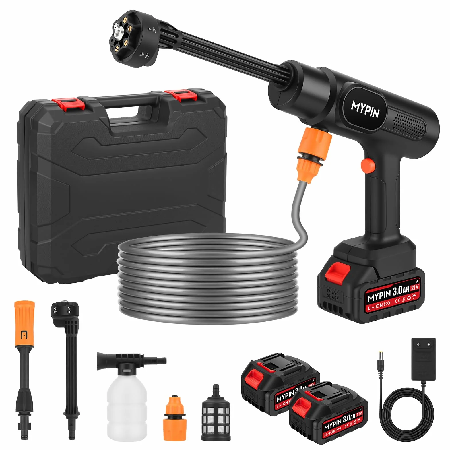 MYPIN Bezprzewodowy środek czyszczący, 600 PSI, 21 V, odkurzacz akumulatorowy z 2 akumulatorami, dysza 6 w 1 ze standardową dyszą do samochodu, podłogi, ściany, ogrodzenia