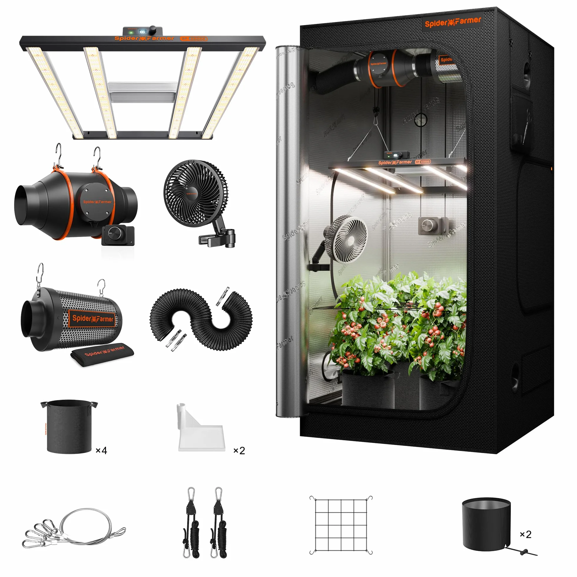 Spider Farmer Kit Complet de Tente de Culture 90x90x180cm G3000 Bar Style LED Grow Light Full Spectrum Système Complet de Tente de Culture Indoor Grow Tent Kit 1680D Canvas with 4" Inline Fan Filter