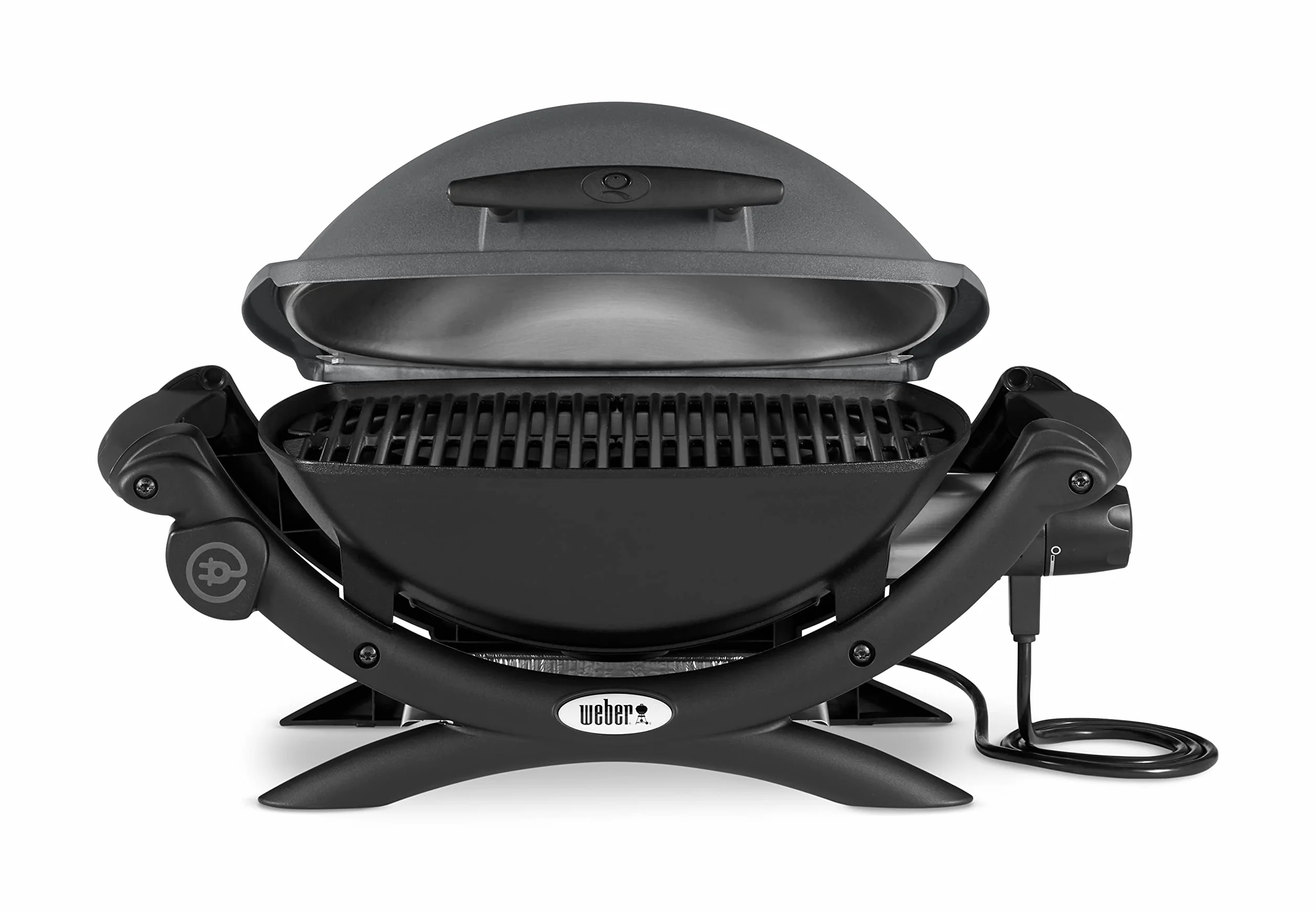 Weber Q1400 Elektryczny Grill, powierzchnia grillowania 43 x 32 cm, przenośny BBQ Grill,2-częściowy żeliwny ruszt pokryty emalią porcelanową, pokrywa i obudowa aluminiowa - Ciemnoszary (52020079)