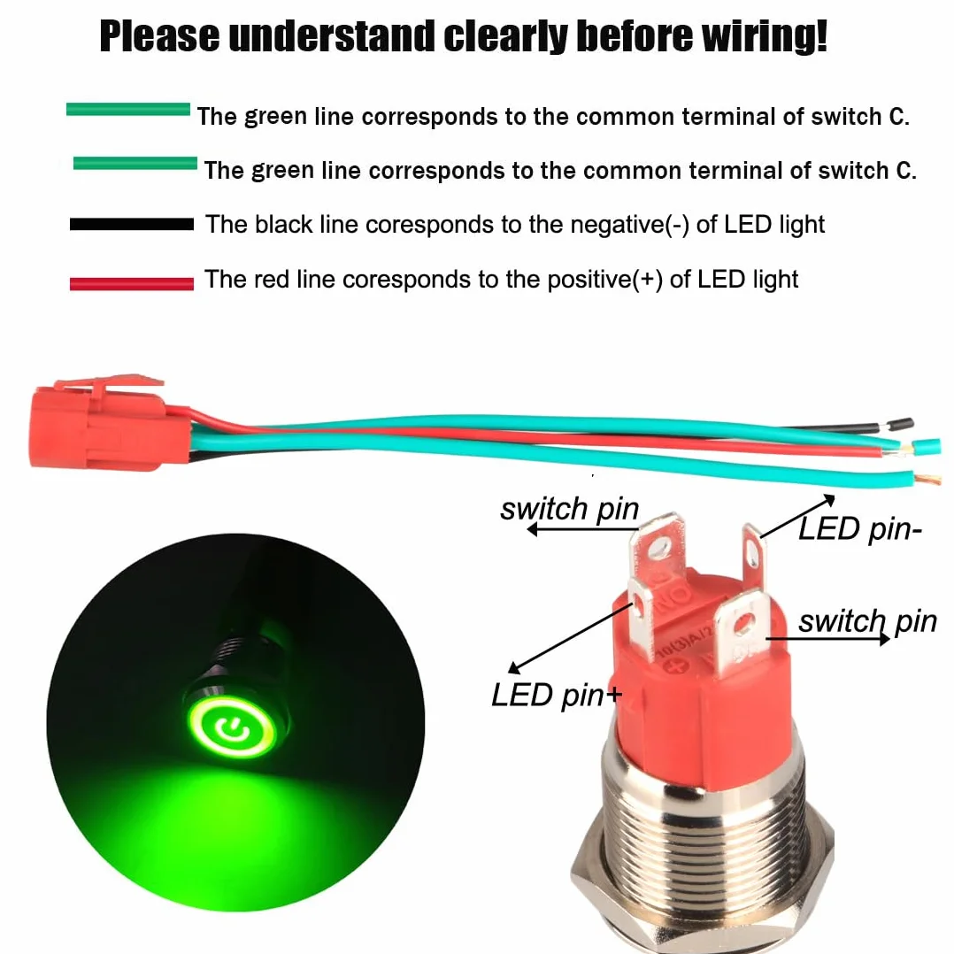 GUUZI 12V-24V/15A Zatrzaskowy Przełącznik Przyciskowy NO, Wodoodporny Zielony LED Oświetlony 16mm Metalowy Przycisk Uruchamiania Zasilania z Przewodem z Wtyczką Gniazda