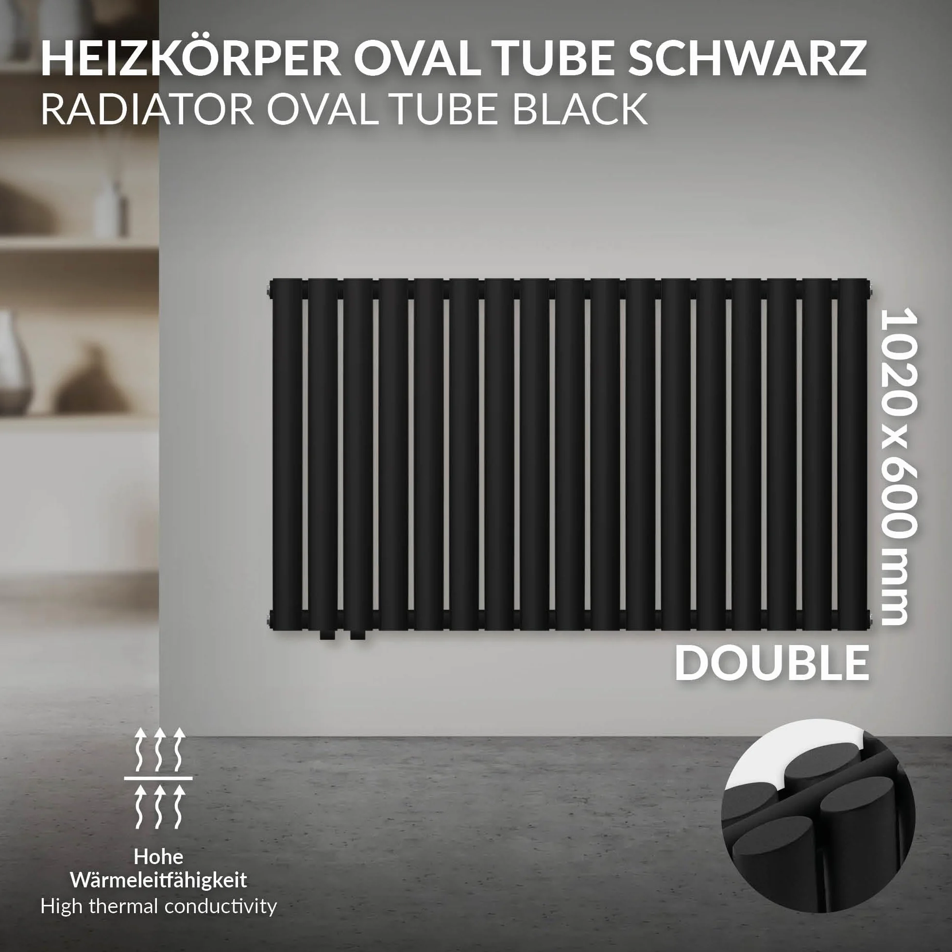 LuxeBath Grzejnik Panelowy Podwójny 600x1020mm Czarny Matowy Poziomy Grzejnik Owalne Rury Grzejnik Łazienkowy Wejście Boczne Salon/Łazienka Ogrzewanie Projekt Grzejnik Rury Grzejnik
