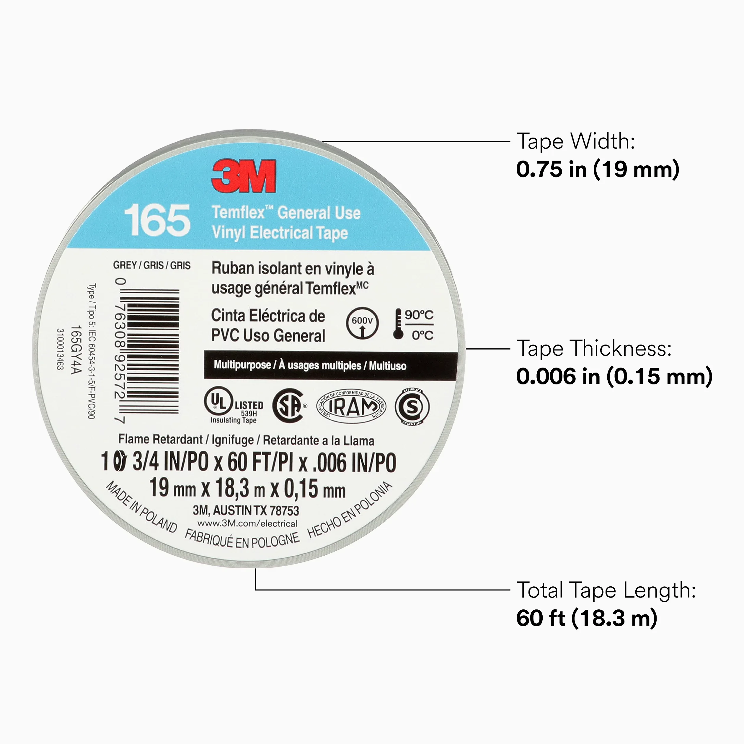 3M Temflex Uniwersalna winylowa taśma elektryczna 165, szara, 10 rolek