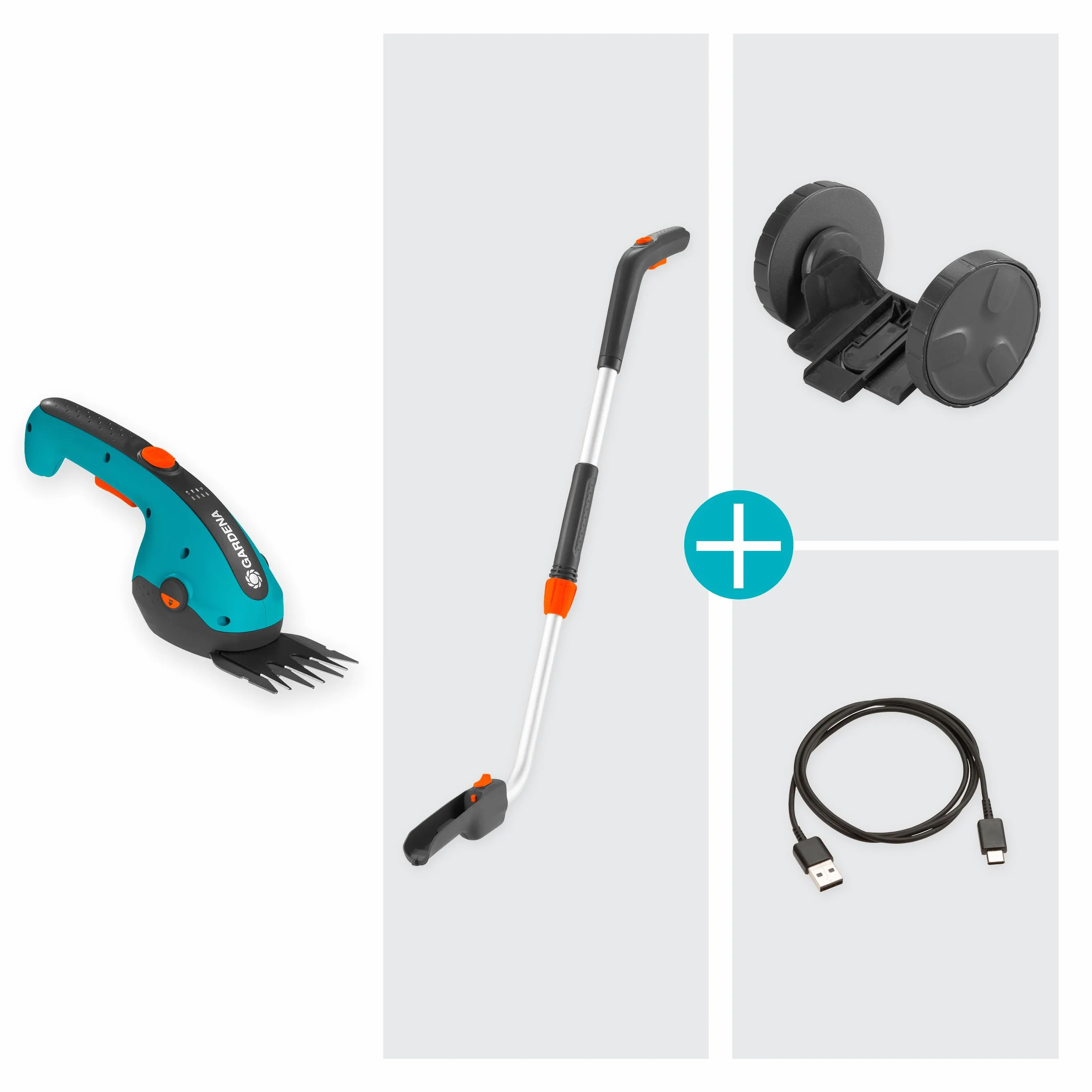 Gardena zestaw akumulatorowych nożyc do trawy ClassicCut Li: Nożyce do kraw. trawników z szer. cięcia 8 cm i telesk. drążkiem z kółkami, uchwyt ze wskaź. ład. LED, zmiana noży b. narz. (9886-20)
