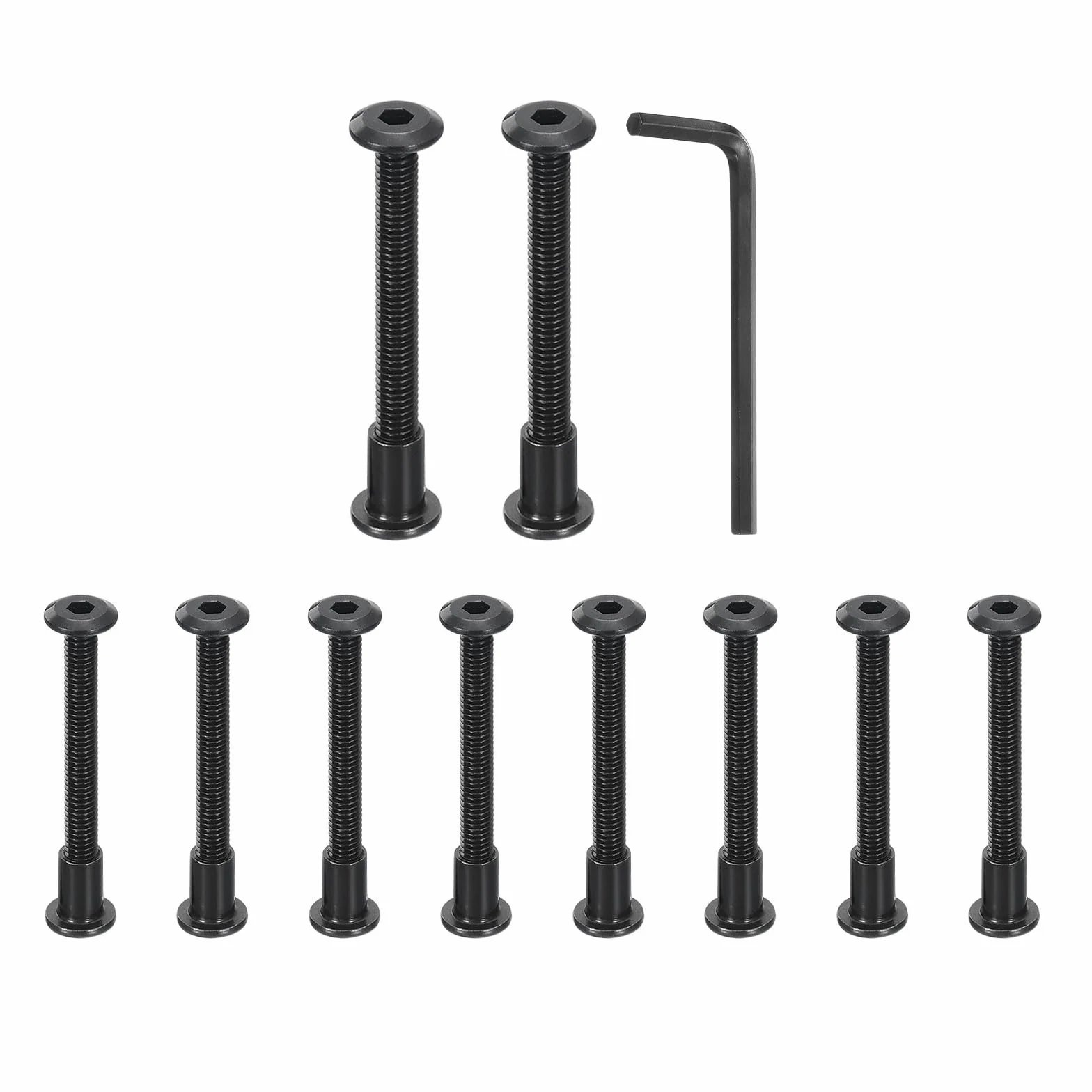 QUARKZMAN 10 zestawów M6 x 60 mm Śruba z łbem sześciokątnym z gniazdem sześciokątnym i nakrętkami M6x12mm z kluczem sześciokątnym, śrubami i śrubami łączącymi meblowymi z pasem płaskim, czarny