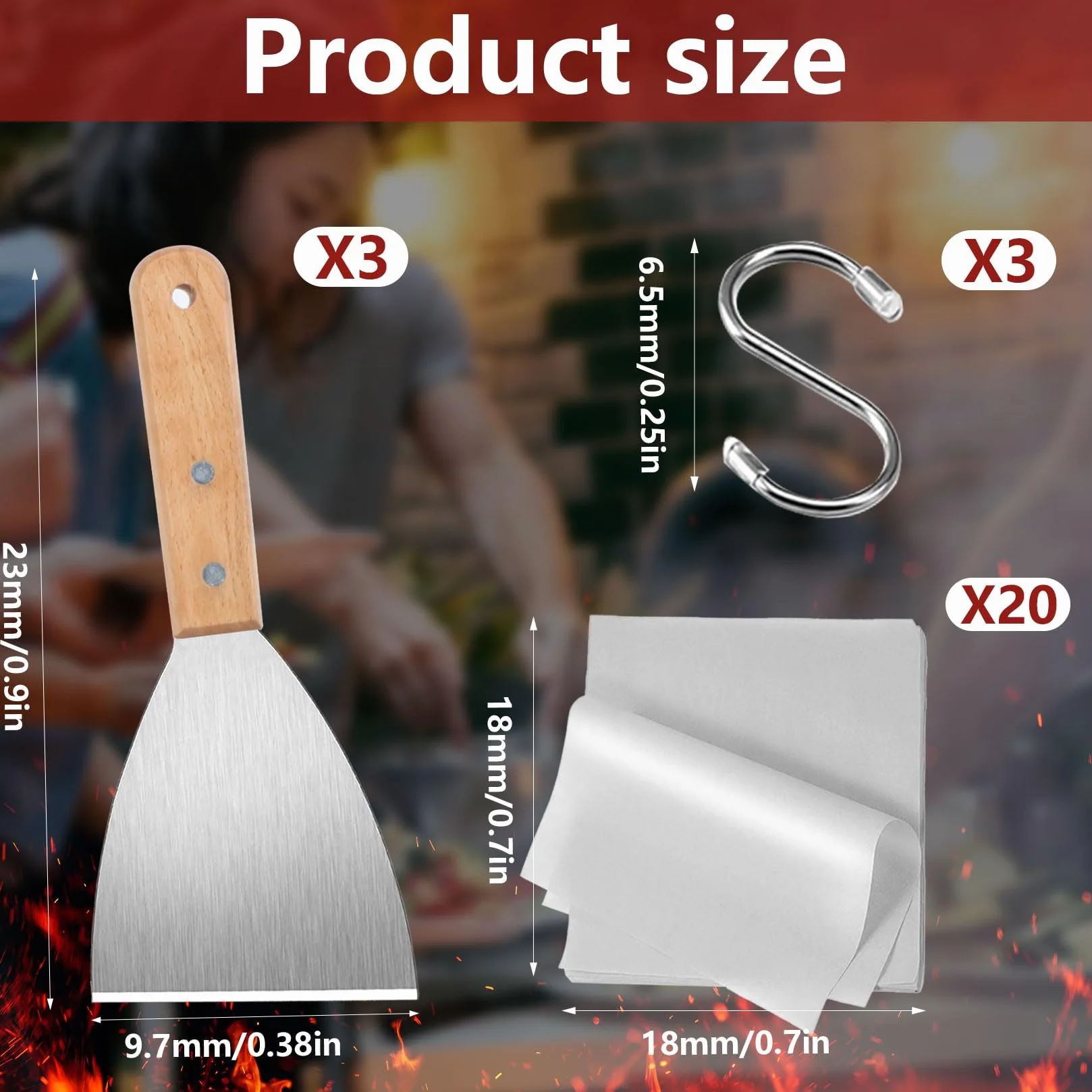 Zestaw spachtel z nierdzewnej stali do grilla BBQ, drewniany uchwyt do burgerów