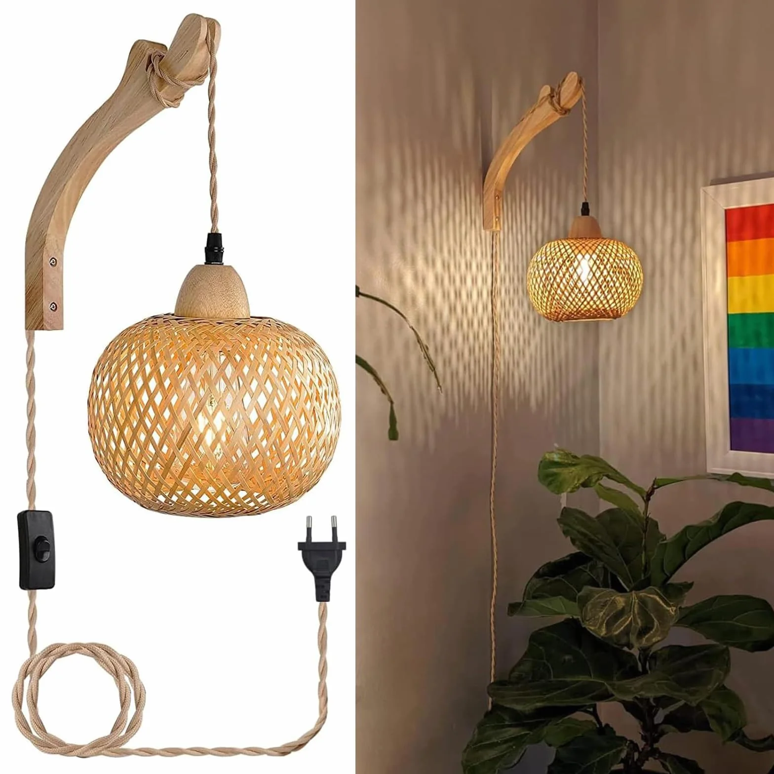Drewniana Lampa Ścienna Wewnętrzna, Vintage Lampa Ścienna z Wtyczką i Przełącznikiem, Latarnia Bambusowa E27 Retro, Rattanowa Kinkiet do Sypialni Salonu (Bez Żarówki)