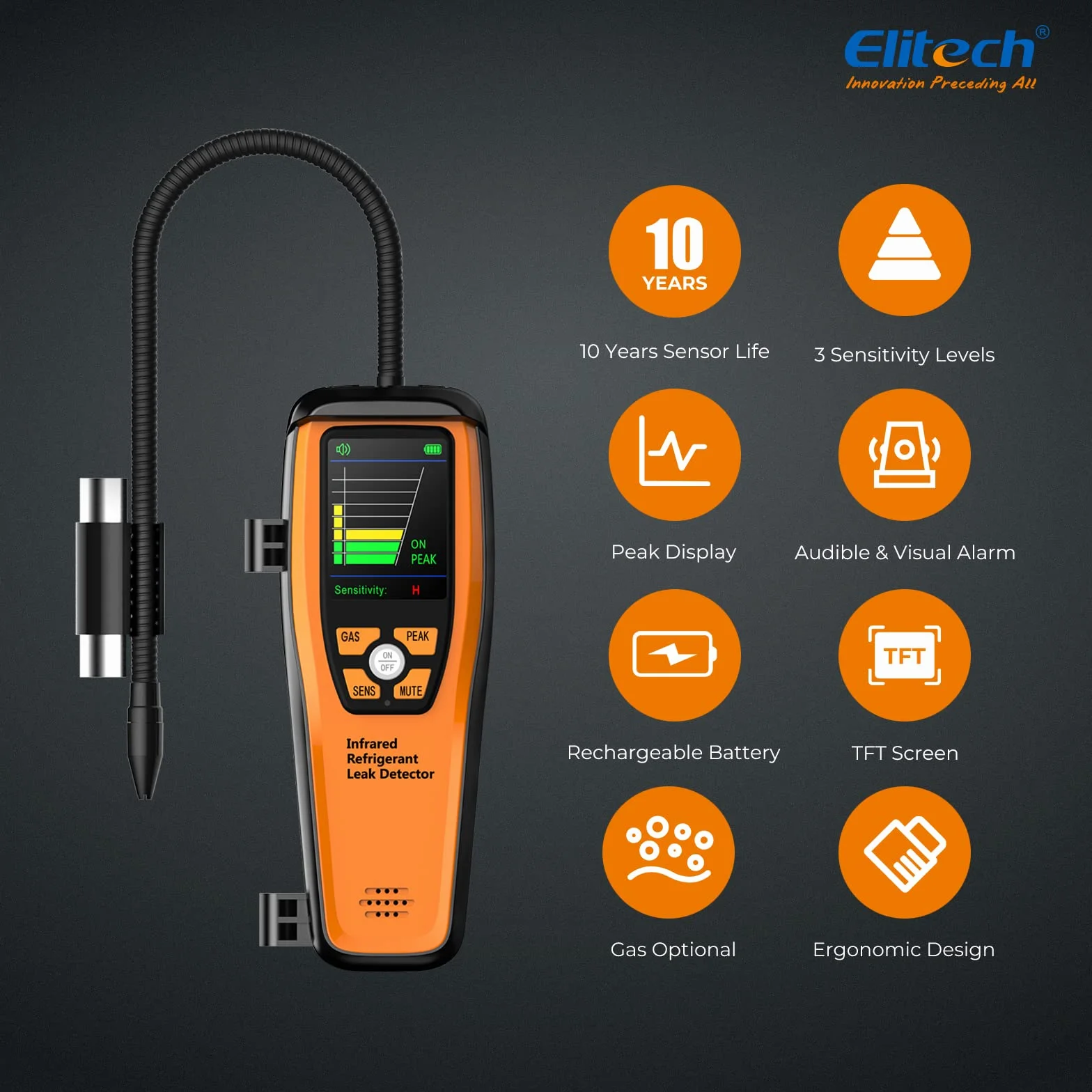 Elitech Detektor wycieków na podczerwień, ILD-300 Pro, R134a/R1234yf, wykrywacz wycieków HVAC, do lodówek, klimatyzacji, przemysłu motoryzacyjnego, pomp ciepła, czujnik żywotności 10 lat