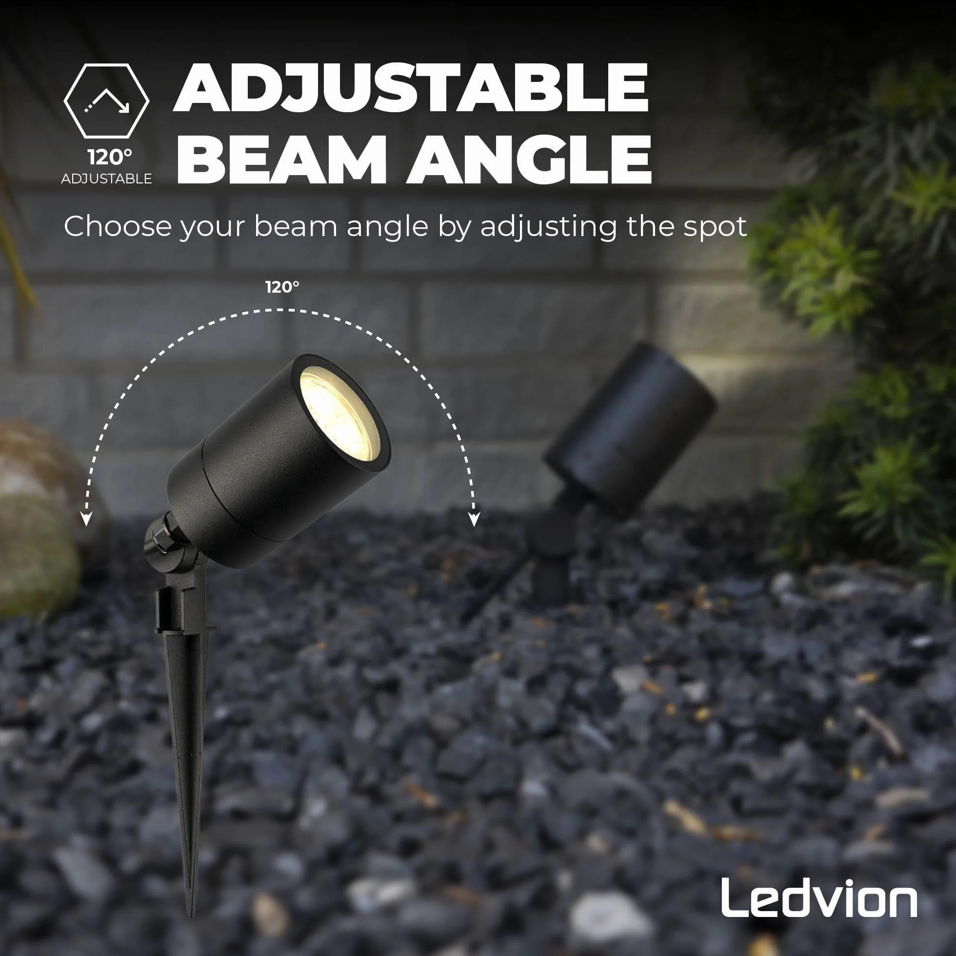Ledvion - Reflektor LED na podłogę, kolor czarny, aluminium, IP65, mocowanie GU10, kabel 2 m z wtyczką, reflektor LED Pin Spot, reflektor ogrodowy
