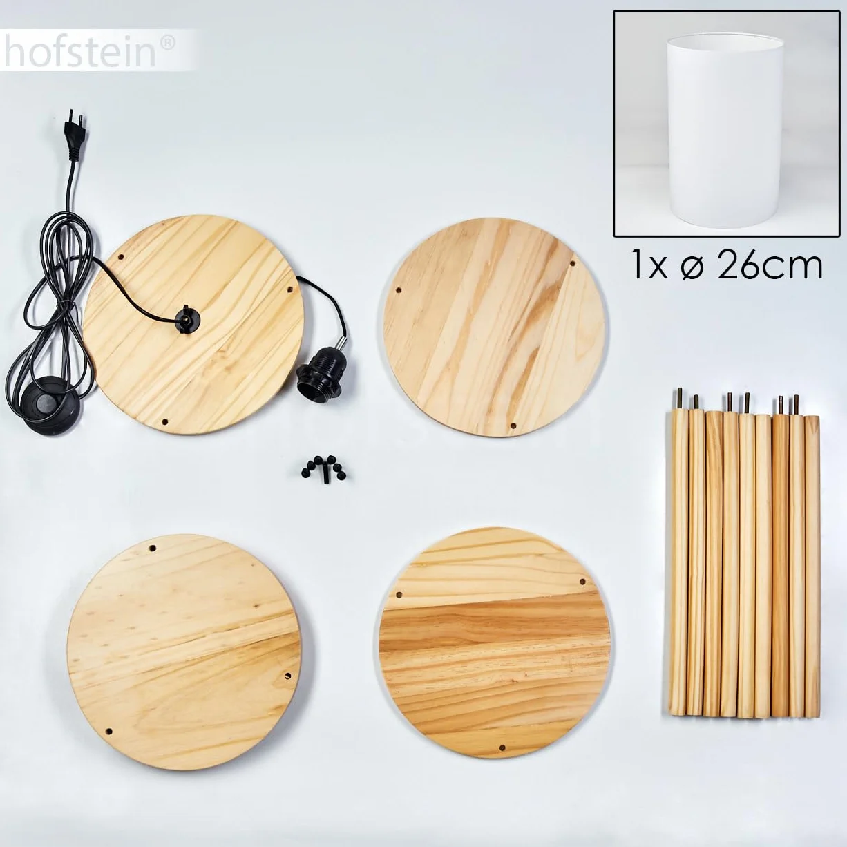 Lampa podłogowa Hamaa, lampa stojąca wykonana z drewna/tkaniny w kolorach naturalnych/białych, skandynawski design, klosz Ø 26 cm, półki i włącznik nożny, wysokość 150,5 cm, 1 x E27, bez żarówki