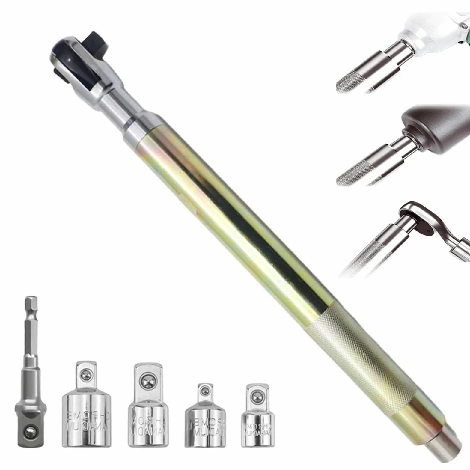 Przedłużany Klucz Grzechotkowy 1/2" Do Adaptera Wiertarskiego,Z Uniwersalnymi Adapterami Napędu Kwadratowego 3/8",1/4", Wielofunkcyjny Zestaw Kluczy Grzechotkowych Z Szybkim Zwalnianiem