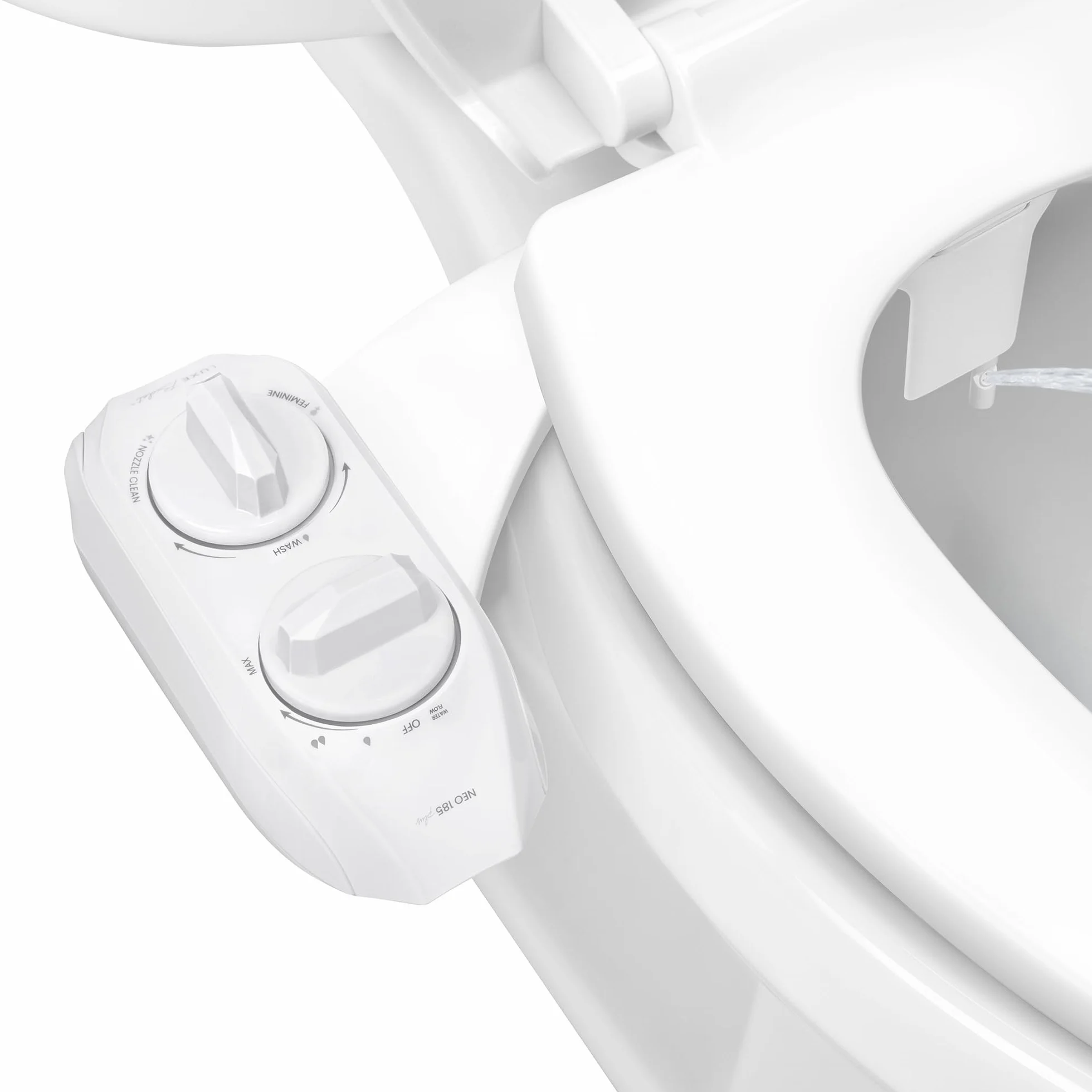 LUXE Bidet NEO 185 Plus – mechaniczna nakładka na deskę sedesową nowej generacji z innowacyjnymi zawiasami EZ-Lift, podwójnymi dyszami i trybem samoczyszczenia 360° (biała)