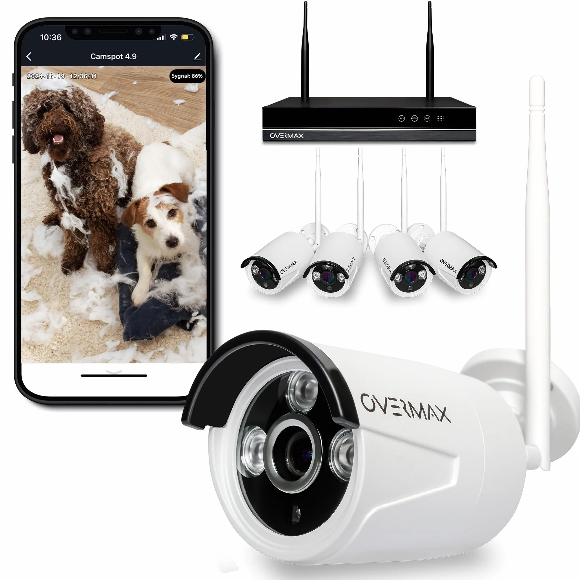 OVERMAX CAMSPOT NVR 4.0 rejestrator i 4 kamery do monitoringu, Wi-Fi, rozdzielczość Full HD 1080p, wykrywanie ruchu, powiadomienia alarmowe w aplikacji, zasięg widzenia w nocy 25 m