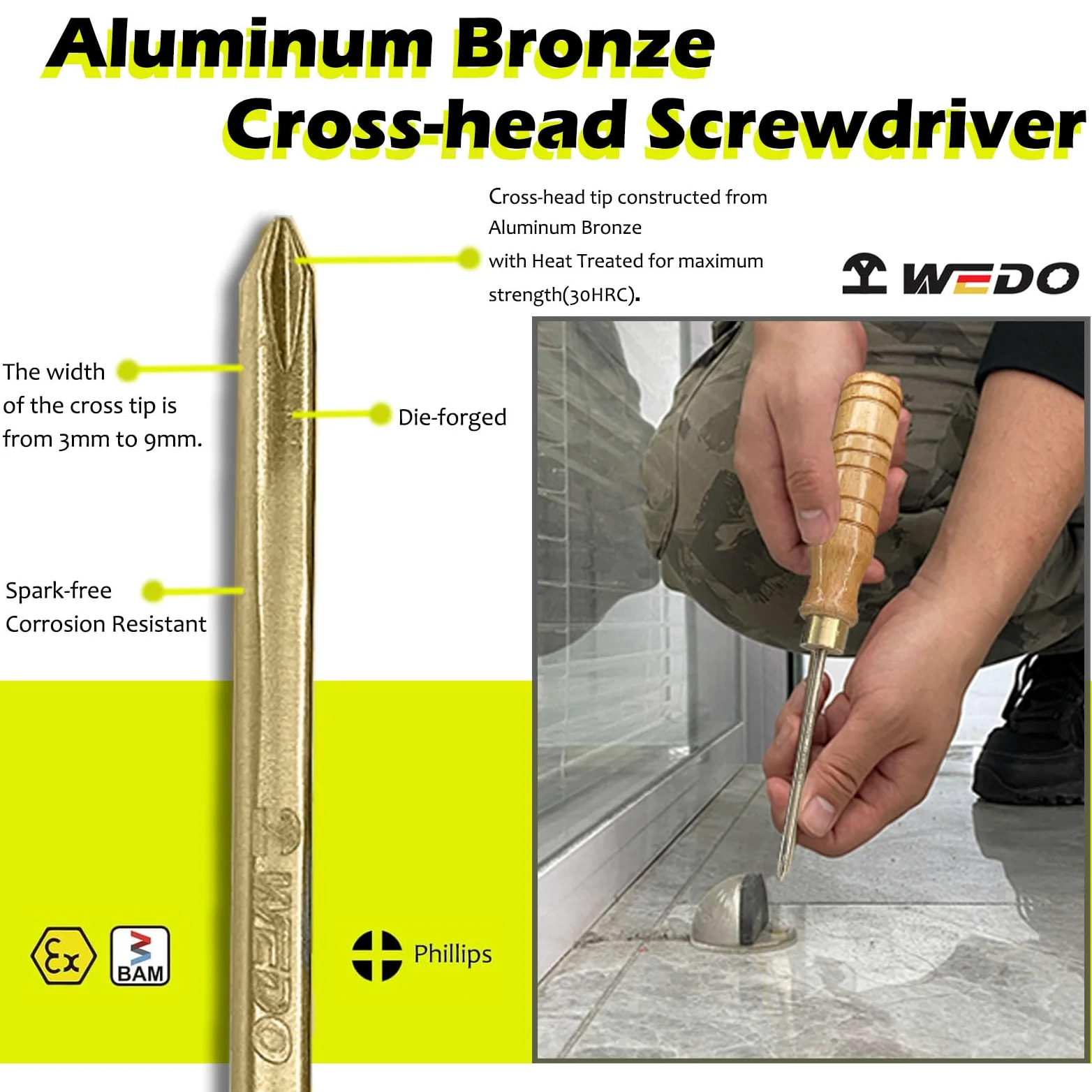 WEDO Śrubokręt krzyżakowy nieparkingowy z drewnianym uchwytem, bezpieczny śrubokręt krzyżakowy bez iskier, brąz aluminiowy, standard DIN, certyfikat BAM i FM, 50 cm, 9 x 350 mm