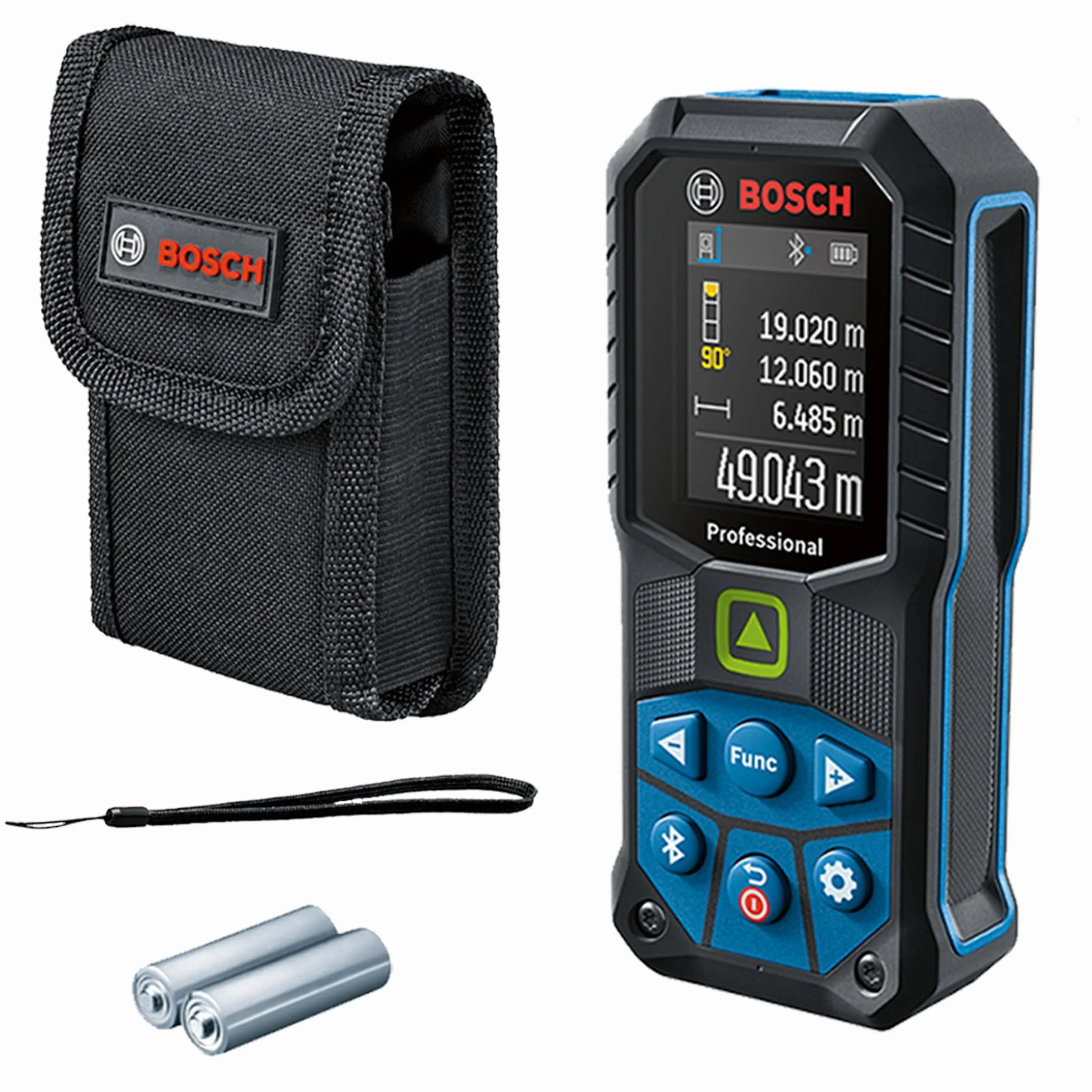 Bosch Professional Dalmierz laserowy GLM 50-27 CG (zielona wiązka laserowa, zasięg: do 50 m, wytrzymały, IP65, transfer danych przez Bluetooth, 2 baterie AA, uchwyt na rękę, pokrowiec)