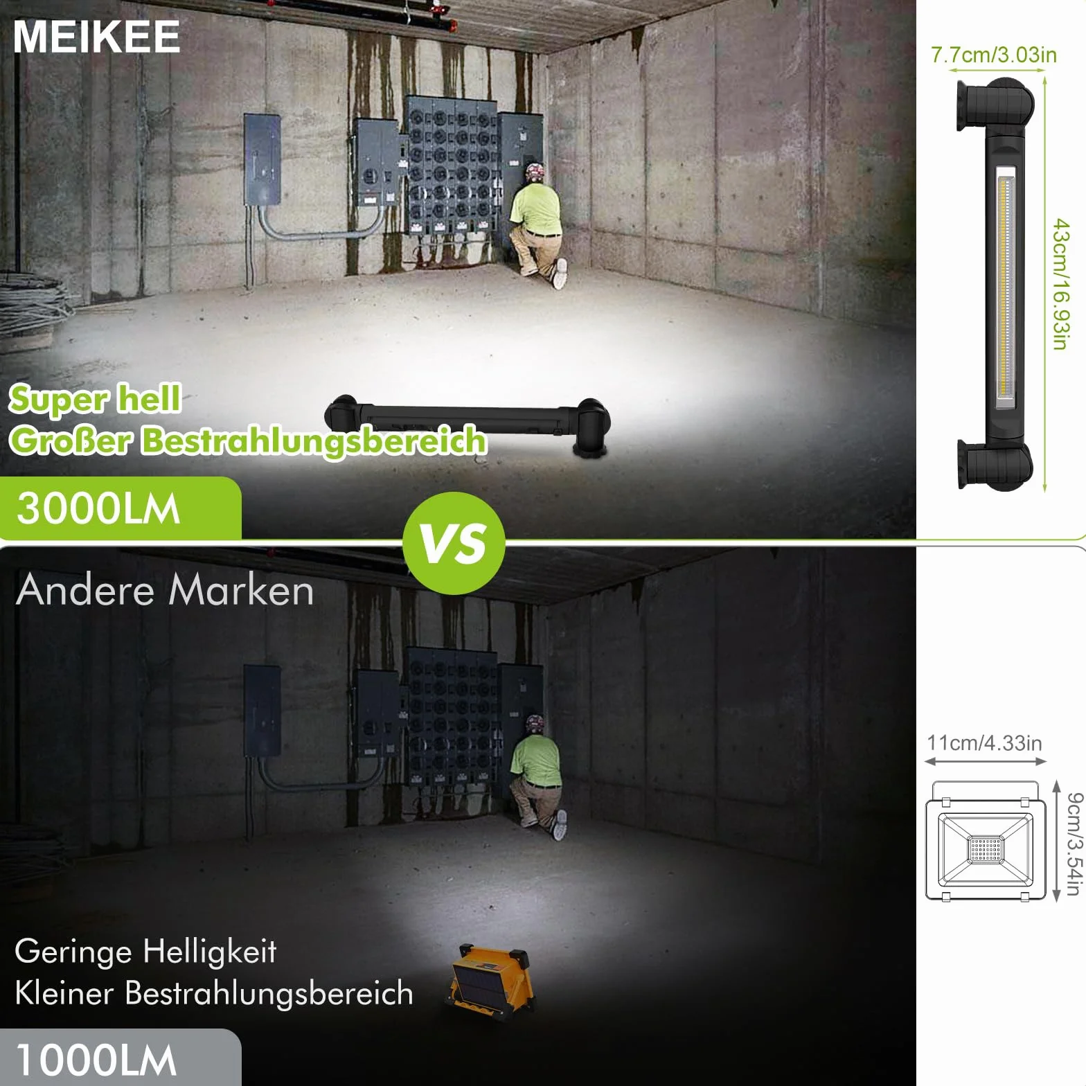 MEIKEE Lampa robocza 3000 lm, 6 trybów świecenia, 3 poziomy jasności, lampa warsztatowa z magnesem i hakiem, reflektor LED, akumulator do ponownego ładowania, reflektor budowlany na kemping, do garażu