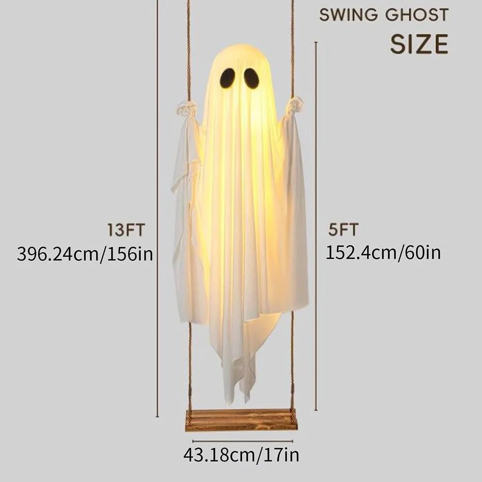 Swinging Ghost-150 cm duża wisząca huśtawka duch dekoracja na Halloween ze sznurkami świetlnymi - upiorne urocze duchy, dekoracje na przedni, ganek, podwórko, drzewo (z pilotem zdalnego sterowania)