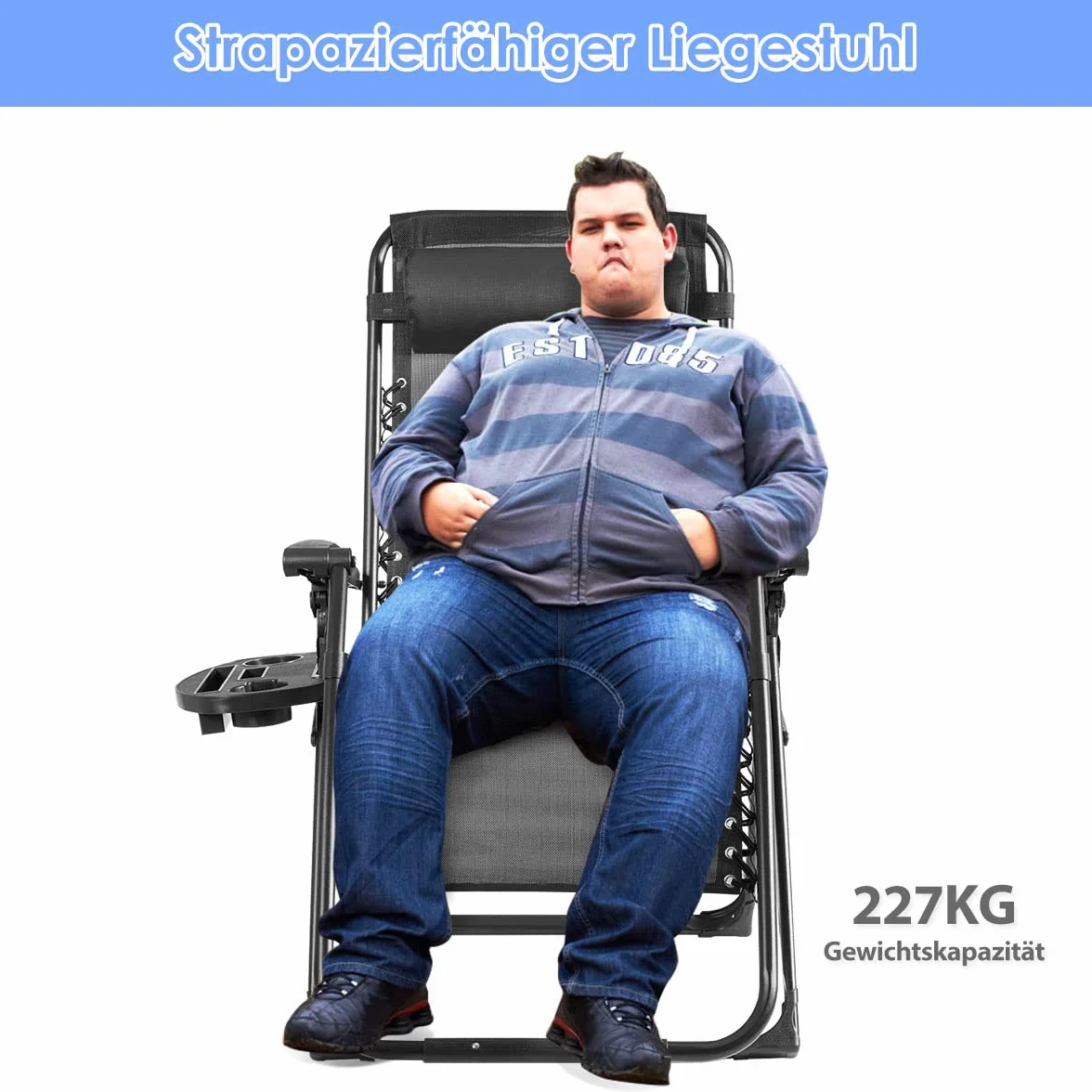 COSTWAY Bardzo duży leżak z uchwytem na napoje, składany leżak z zagłówkiem i regulowanym oparciem, odporny na warunki atmosferyczne, składany leżak do 227 kg, do ogrodu, na balkon