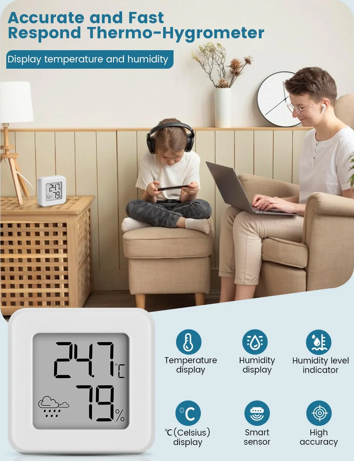 Mini termometr cyfrowy z higrometrem, monitor temperatury w pomieszczeniu i higrometr, wskaźnik temperatury i wilgotności powietrza (biały, 1 sztuka)