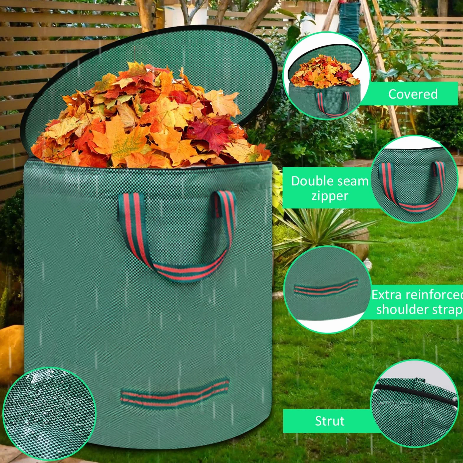 Worek na odpady ogrodowe, 120 l i 272 l, 2 sztuki, worek na liście z pokrywką, stabilny worek na odpady ogrodowe z uchwytami, składany, wytrzymały i wodoszczelny, na trawę, liście, żywopłot i