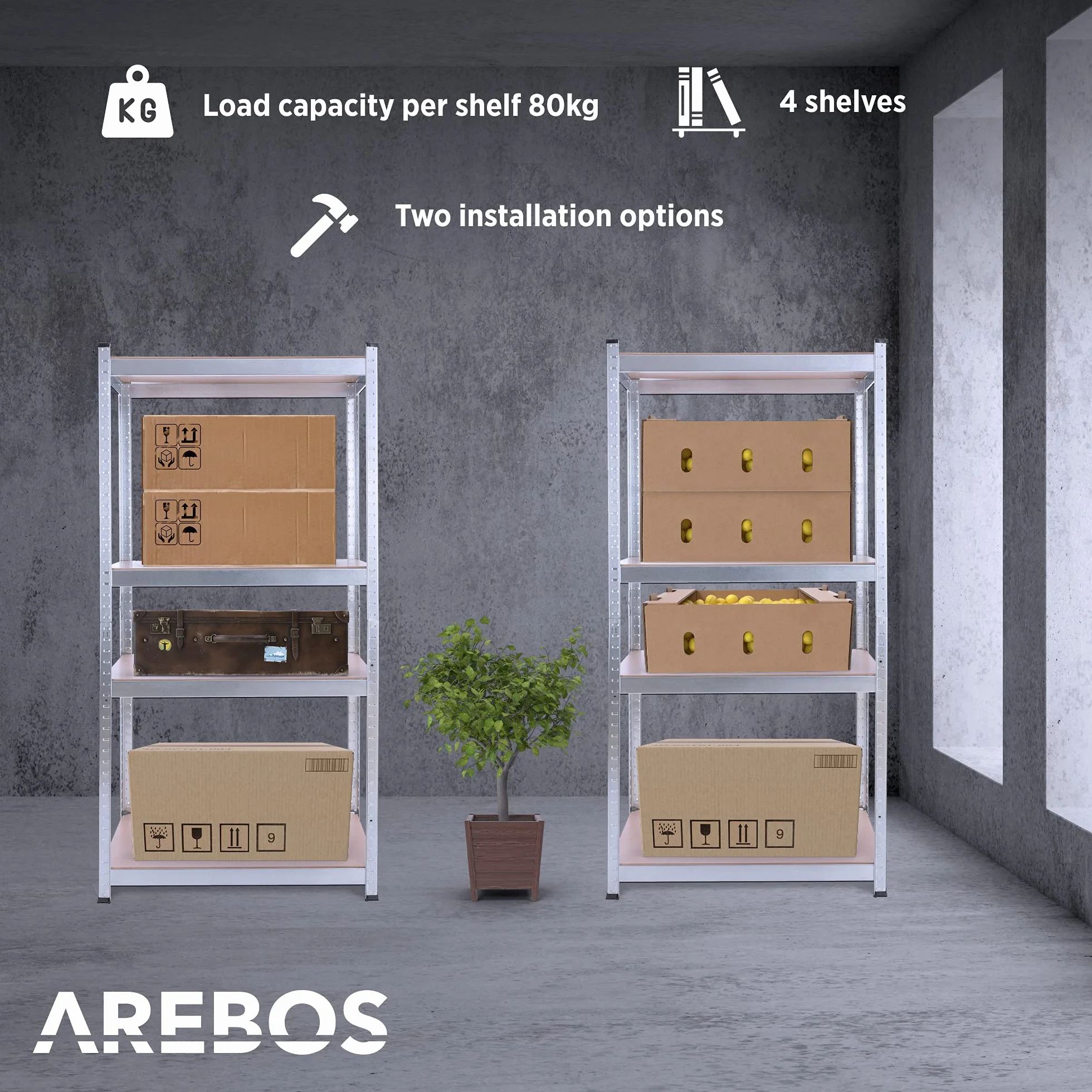 Arebos 2X Regał do dużych obciążeń | Regał do piwnicy | przechowywania | Regał bezśrubowy | 160x80x40cm | Zestaw 2 | 4 płyty MDF | 320kg