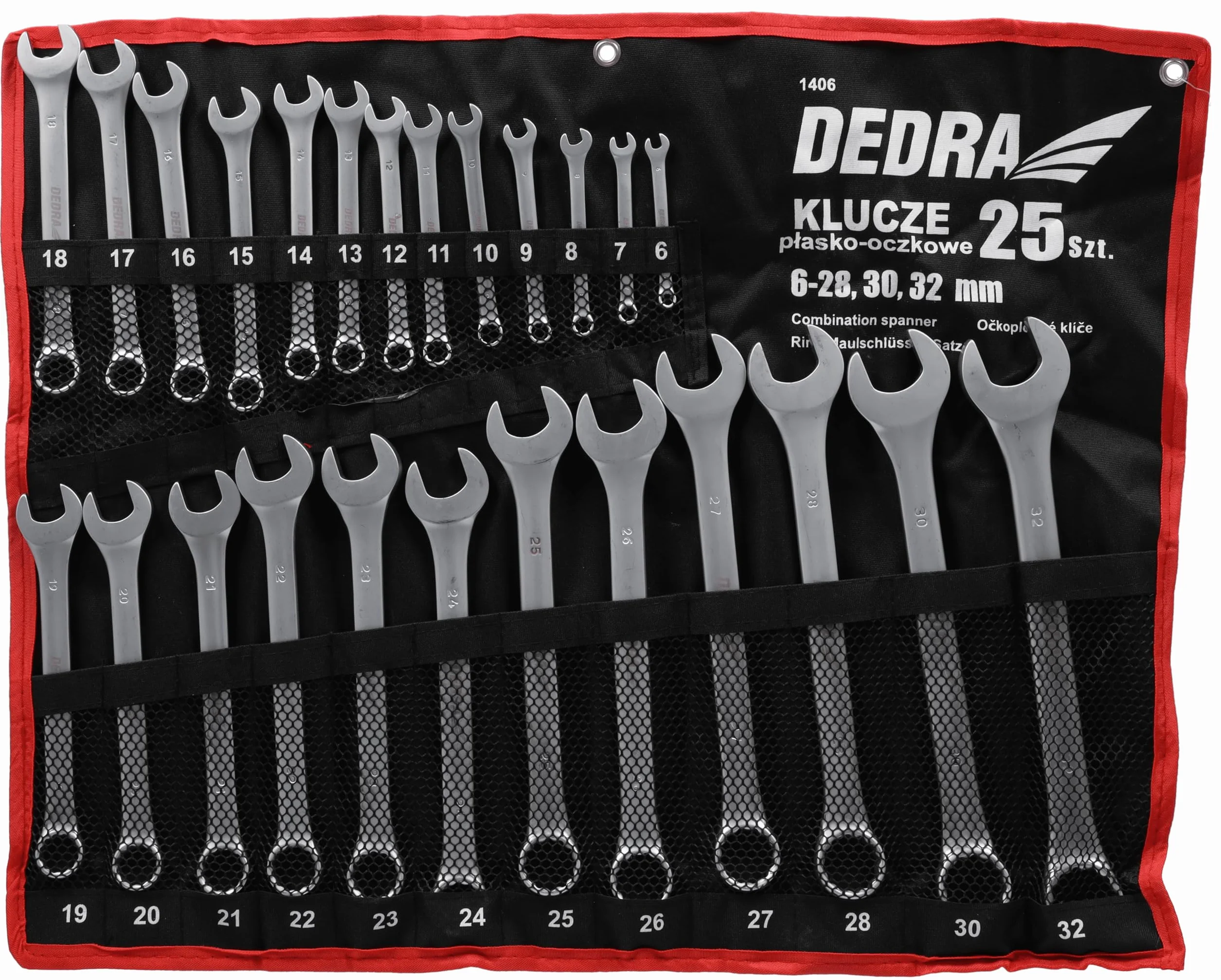 Dedra 1406 – zestaw kluczy płasko-oczkowych 25 szt. CrV 6–32 mm, powłoka satynowa, główki SUPER DRIVE BROACH, pokrowiec