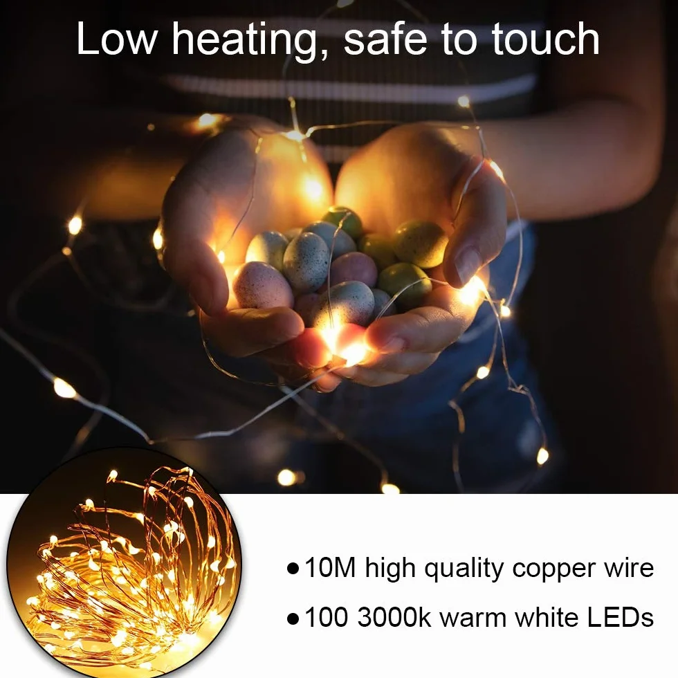 Vicloon łańcuch świetlny LED, drut miedziany, 2 szt., 10 m, 100 diod LED, łańcuch świetlny z pilotem zdalnego sterowania, nastrojowe światło, ciepła biel, wodoszczelny, do ogrodu, mieszkania, na święta Bożego Narodzenia, dekoracja