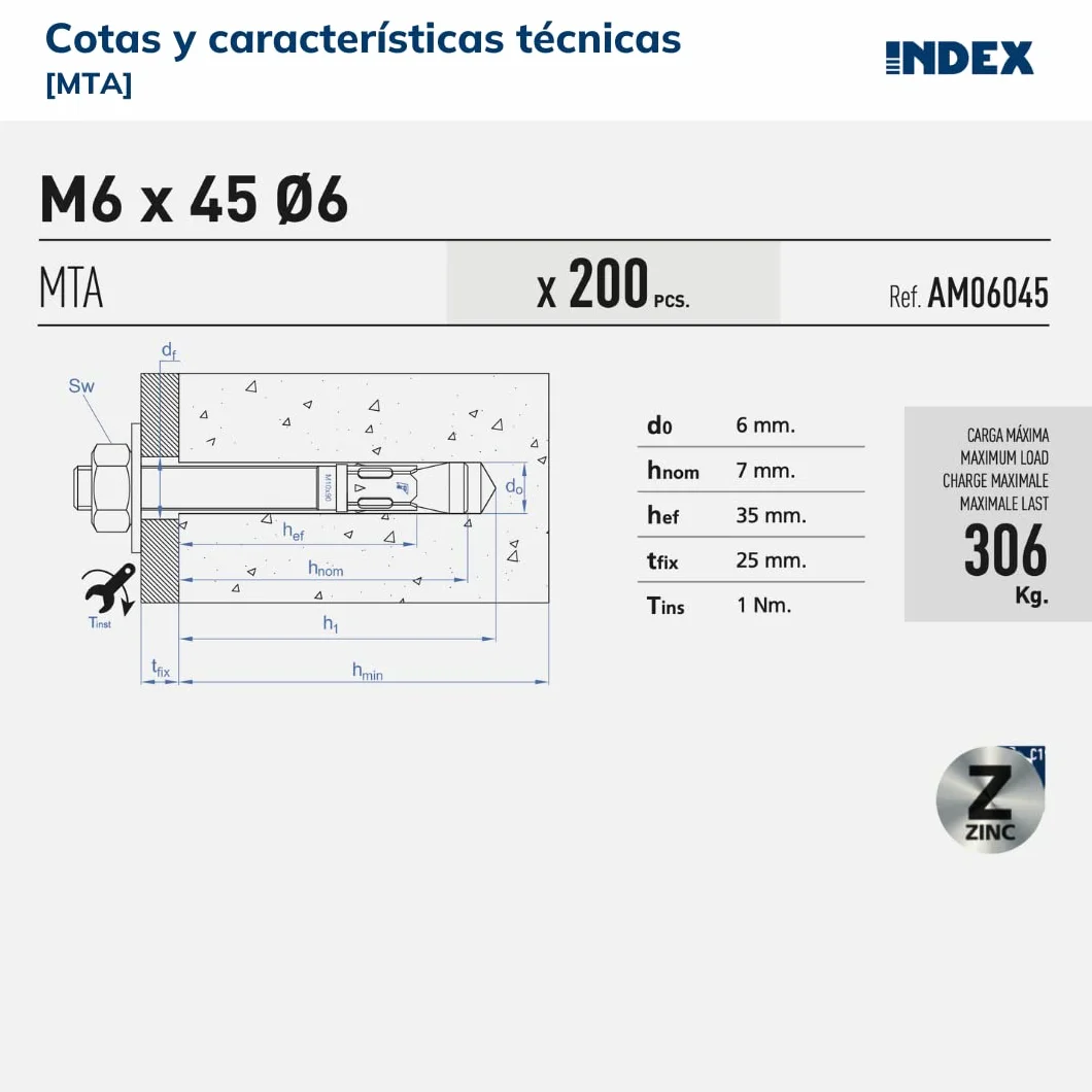 INDEX Fixing Systems 50 sztuk kotw do dużych obciążeń, ocynkowane, M12 x 90 mm, średnica 12 mm