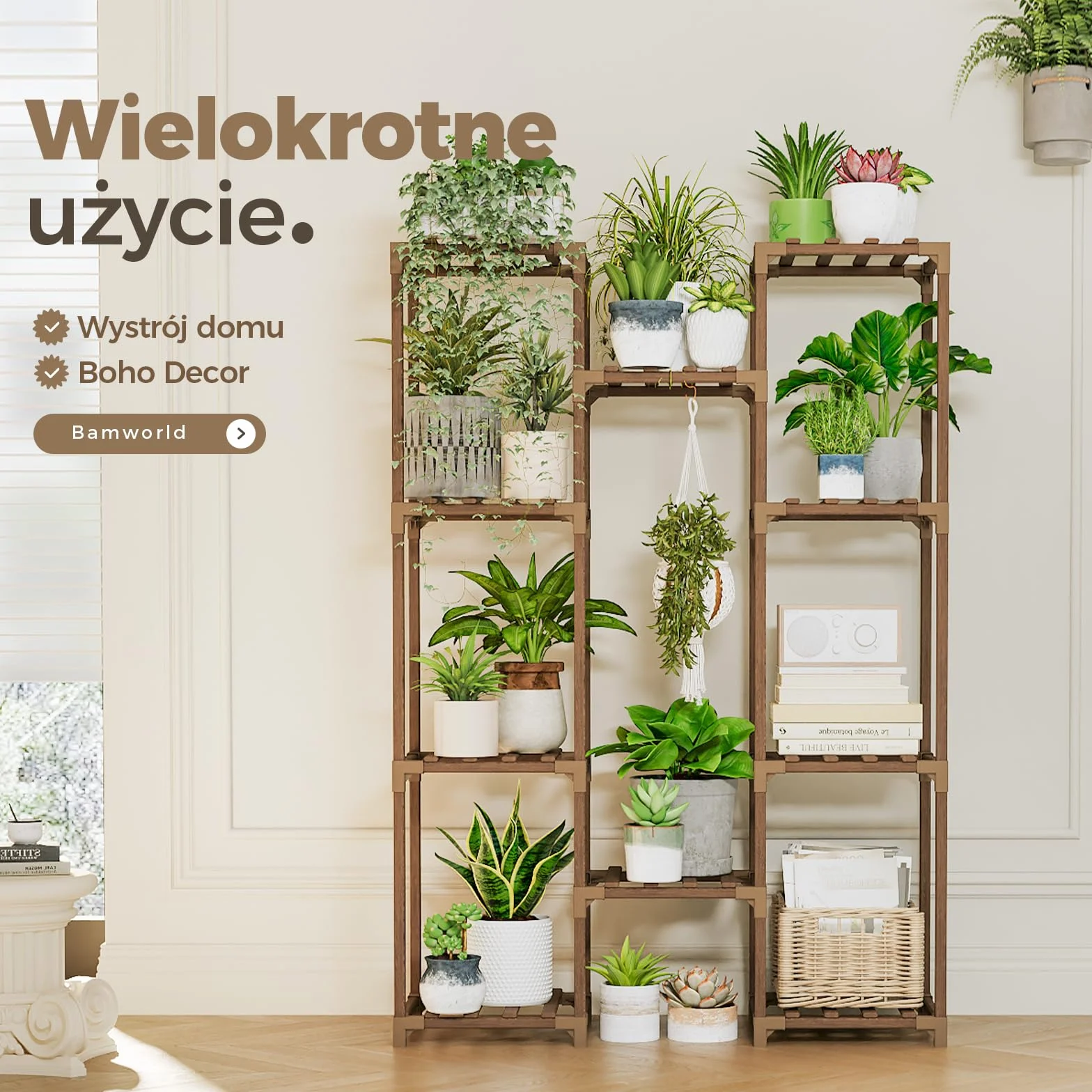 BAMWORLD Drewniana Wisząca Półka na Rośliny Duży Stojak na Doniczki Salon Taras Balkon