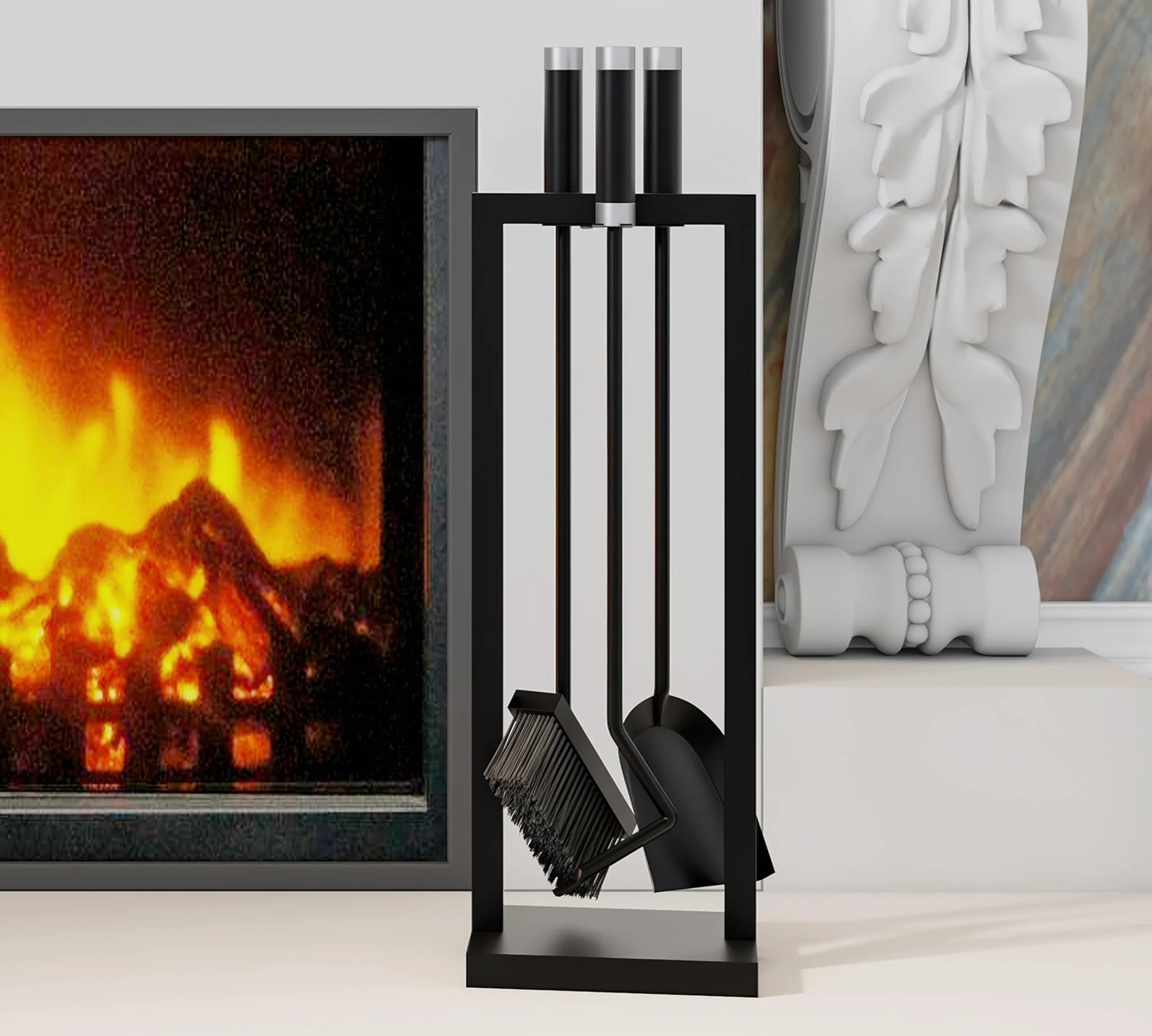 Kingson Fireside Companion – 3-częściowy zestaw narzędzi kominkowych ze stojakiem, zawiera łopatę, pędzel i poker, powlekany proszkowo na czarno ze stalowymi i nierdzewnymi uchwytami, 59,5 cm