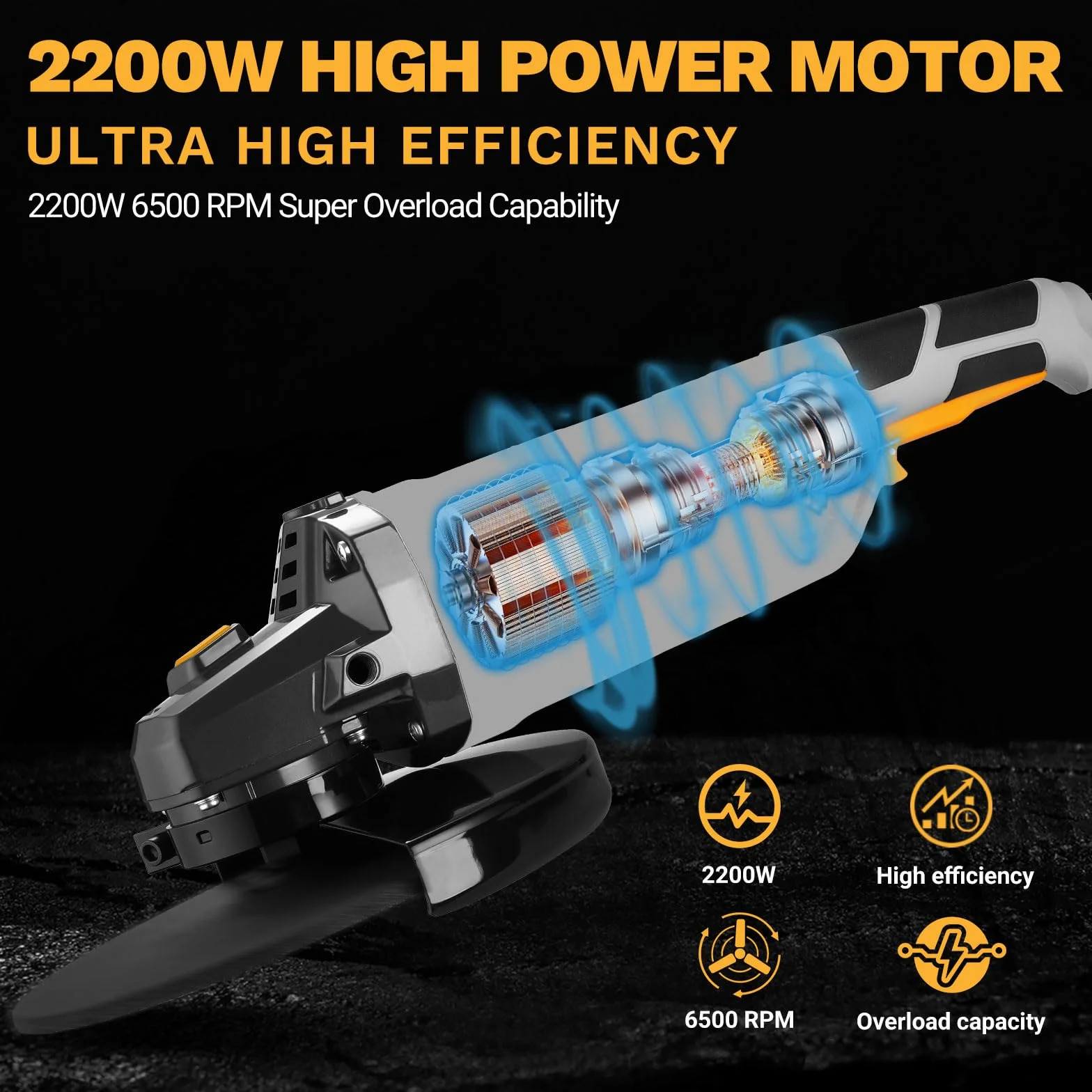 DEKOPRO Elektryczna szlifierka kątowa 2200 W, 230 mm, prędkość 6500 obr./min, do polerowania i szlifowania, długie uchwyty