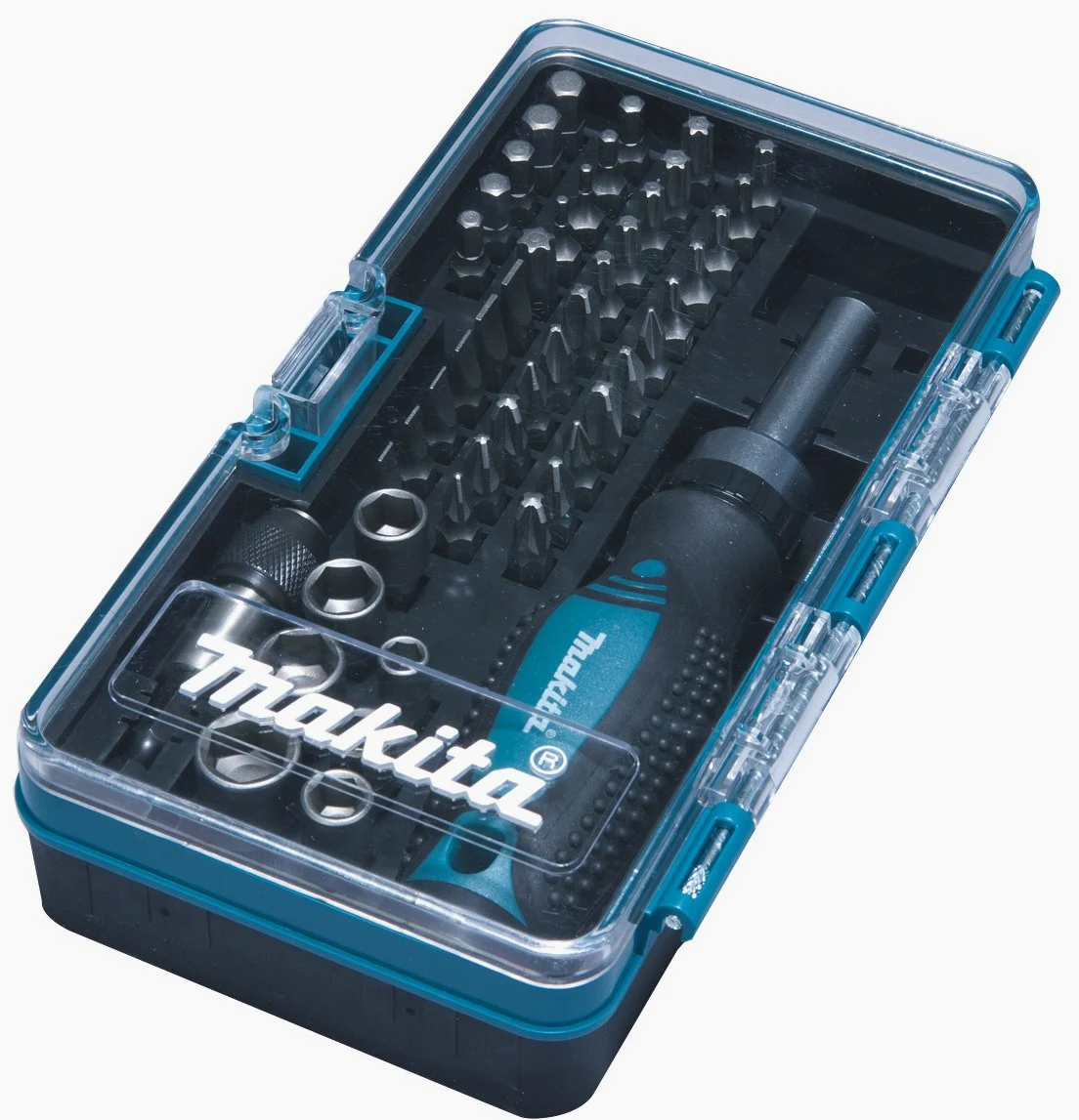 Makita E-06616 Zestaw Narzędzi, Niebieski/Czarny, 120 Elementów & Makita Grzechotka i zestaw Bitów 47-Częściowy, B-36170, Wielokolorowy