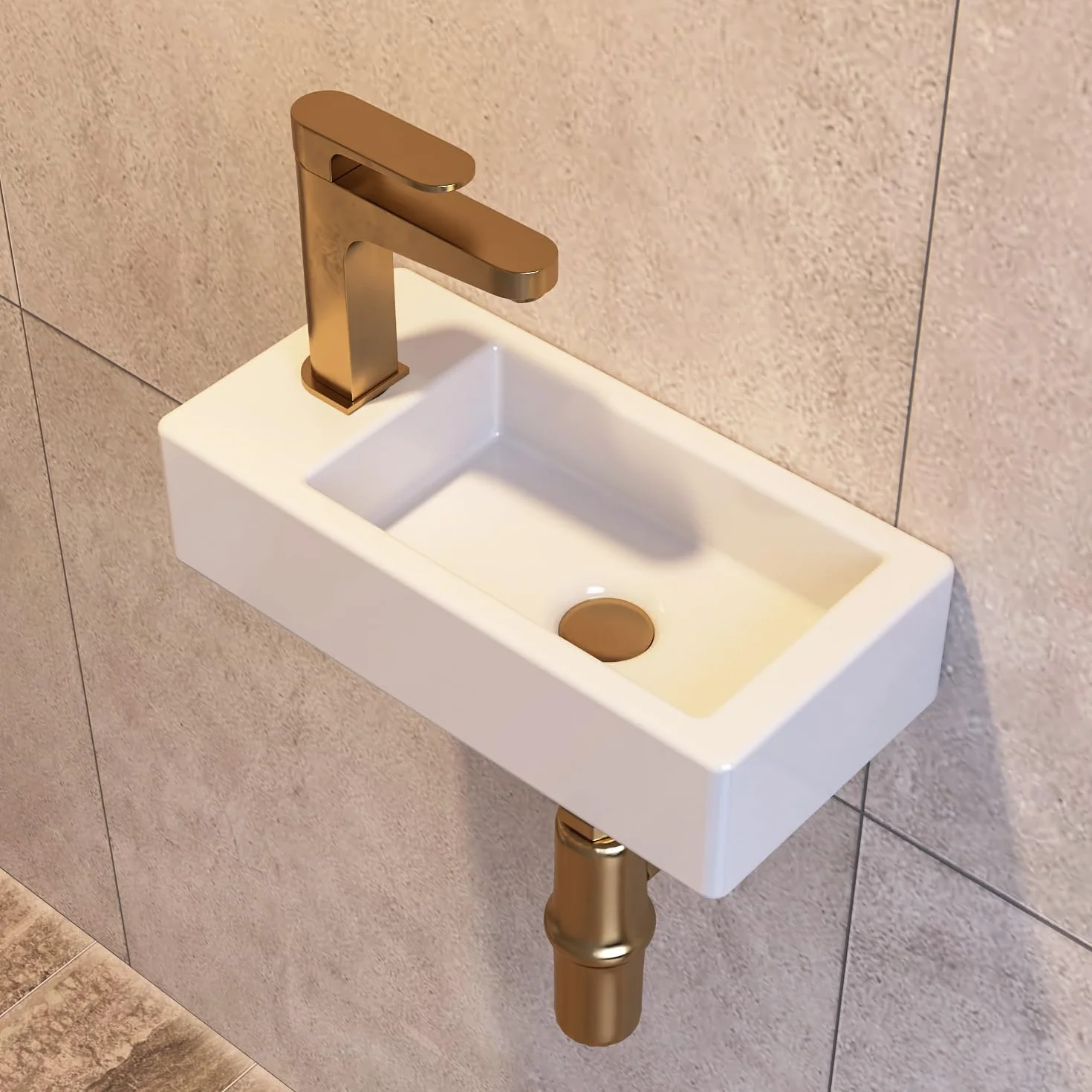 Zlewozmywak Łazienkowy do Montażu na Ścianie, Mini Prostokątna Umywalka Ceramiczna bez Przelewu do Łazienki i Szatni (Lewa Ręka, DV-1V081L)
