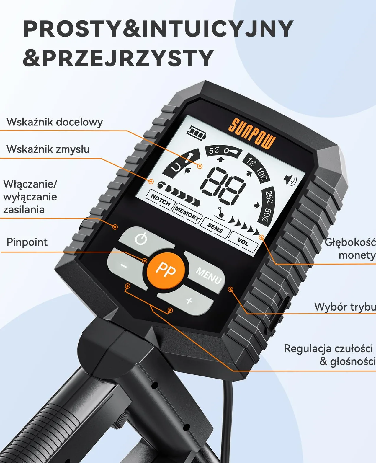SUNPOW Profesjonalny Wykrywacz Metali 4 Tryby LCD Zestaw Kompletny