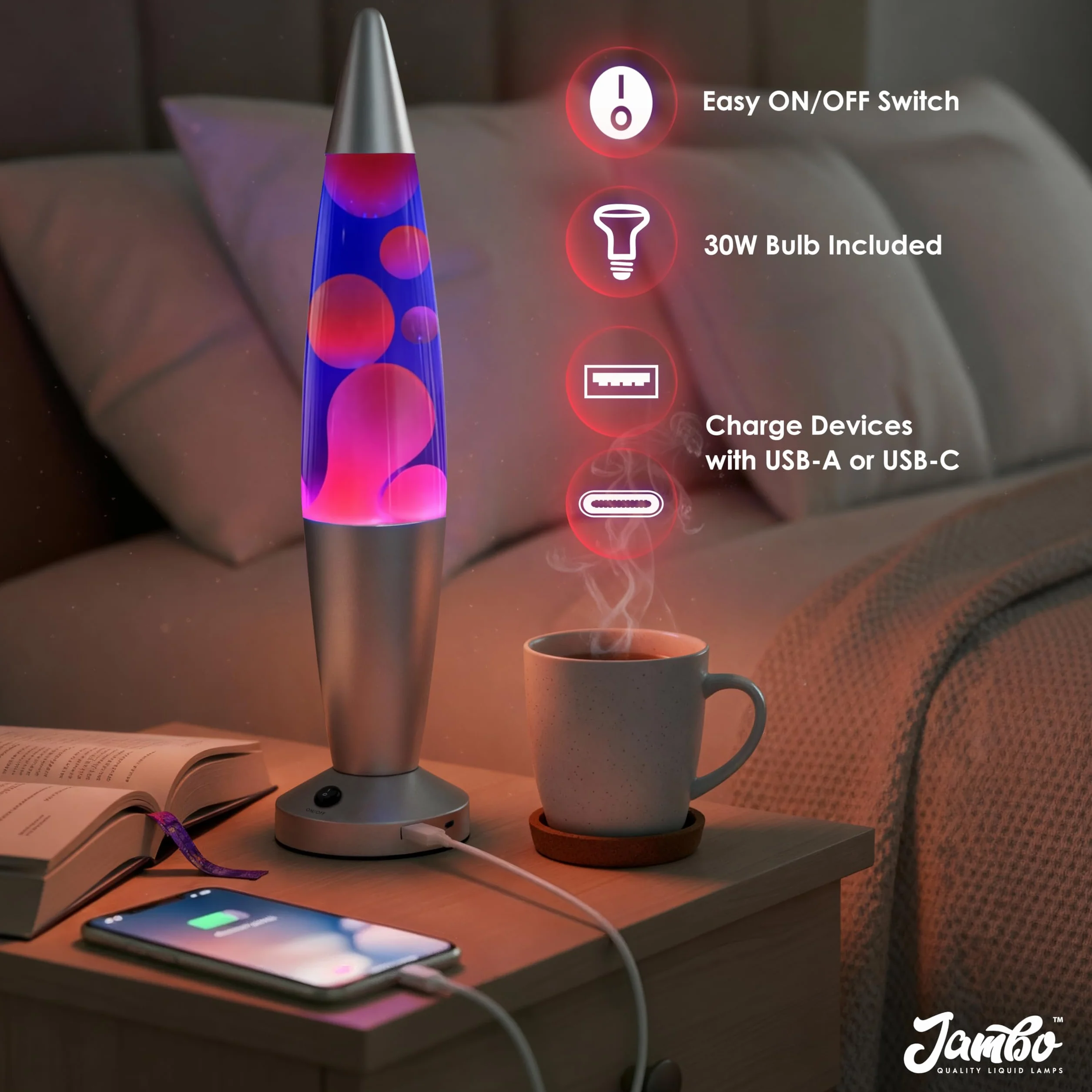 JAMBO Lampa z płynnym ruchem USB, nastrojowa lampa, wystrój domu, lampa do salonu, uspokajające światło ruchu, relaksująca lampka nocna, lampka nocna, 40 cm z portami USB (srebrna podstawa, niebieski