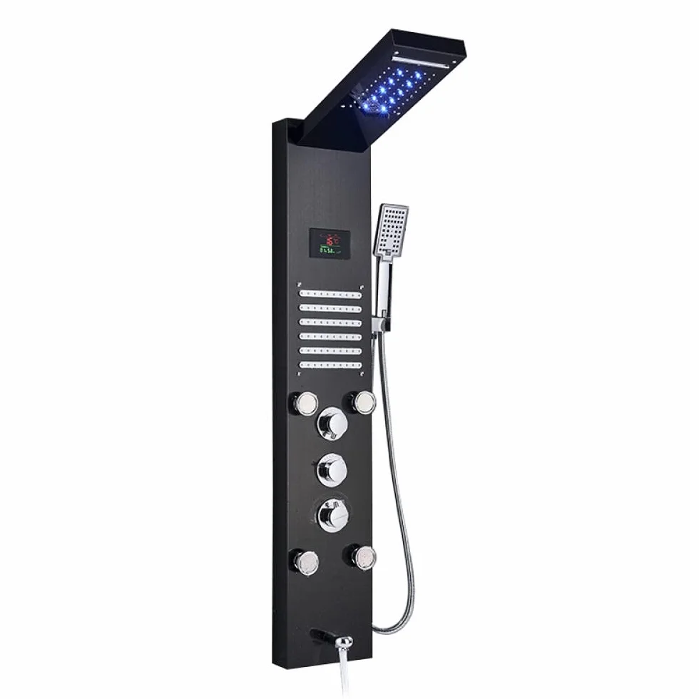 Łazienka bateria prysznicowa LED panel prysznicowy kolumna wanna kran mieszający z prysznicem ręcznym ekran temperatury (czarny B)