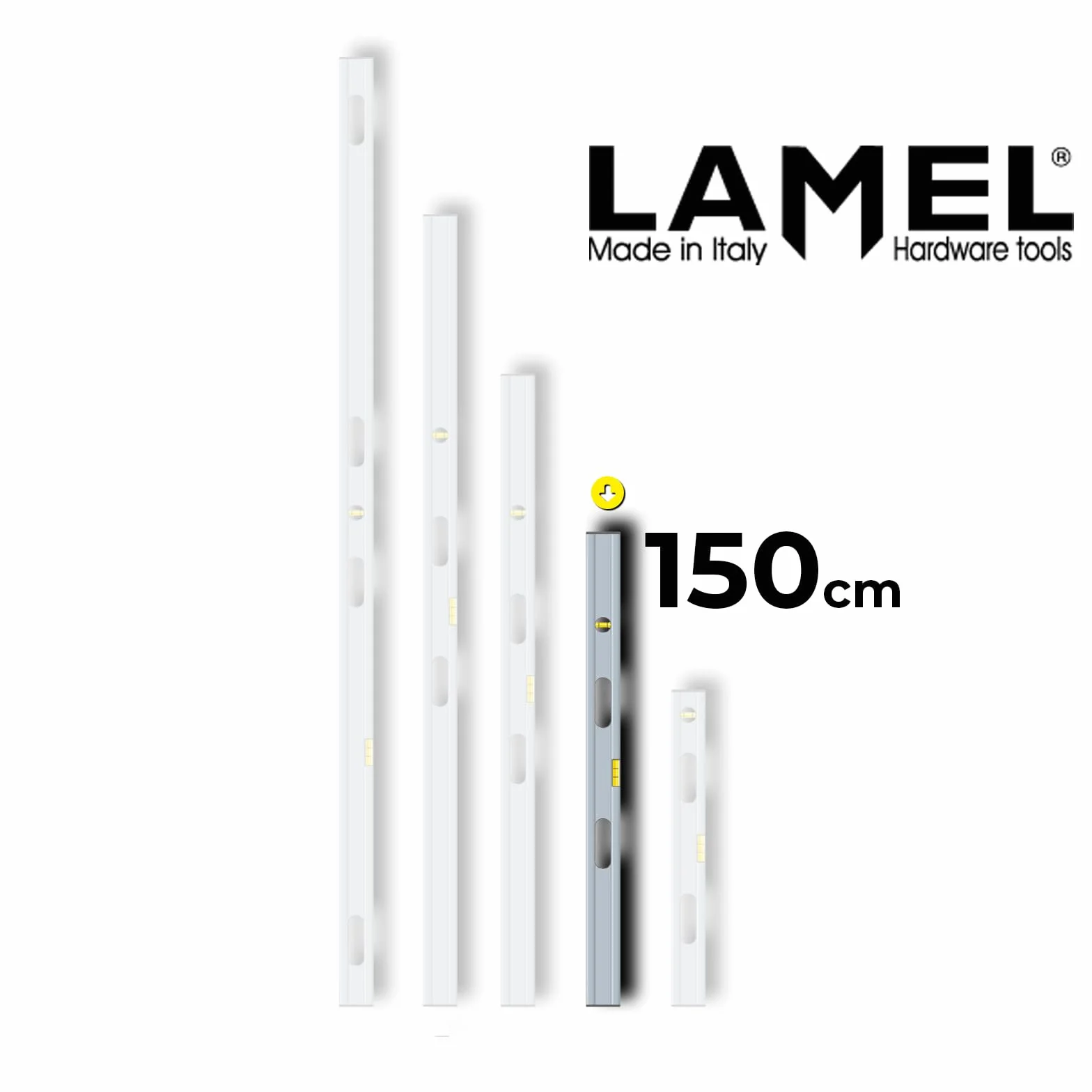 LAMEL Poziomica 150 cm, wyprodukowana we Włoszech, z 2 uchwytami, anodowana, z 1 poziomnicą poziomą i 1 poziomnicą pionową.