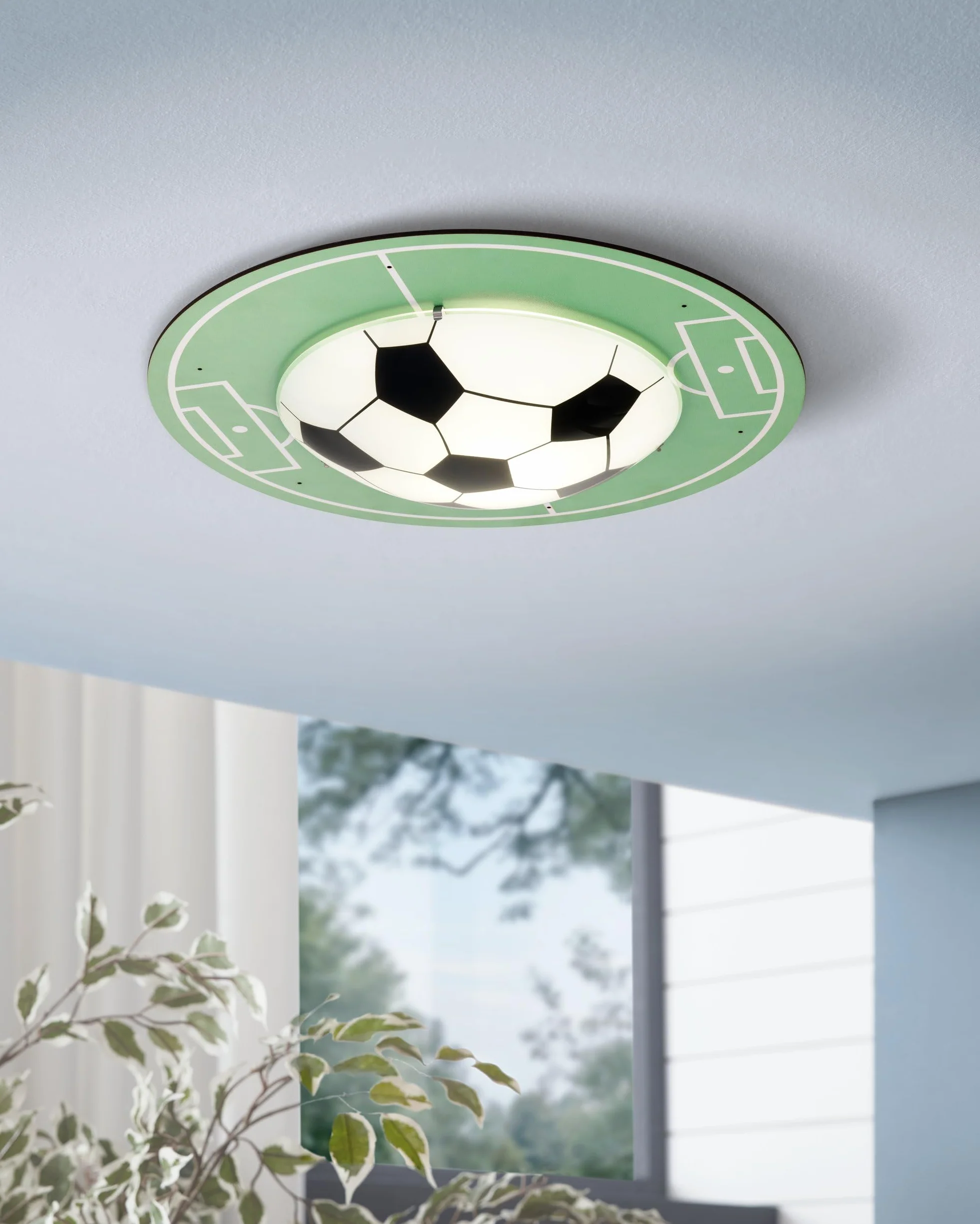 EGLO Lampa sufitowa Tabara, do pokoju dziecięcego, lampa piłkarska, kinkiet dla dzieci, lampa sufitowa z drewna w kolorze zielonym, białym, czarnym, satynowanym szkłem, E27