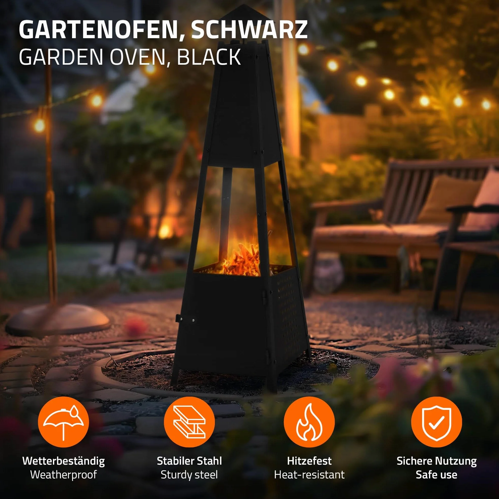 ML-Design Piramida Kominek Ogrodowy Z Kominem Wykonany Z Metalu W Kolorze Czarnym Wysokosc 100 Cm, Odporny Na Warunki Atmosferyczne Piec Ogrodowy/kominek Na Patio Jako Misa Ogniowa Lub Kosz Na Ognisko