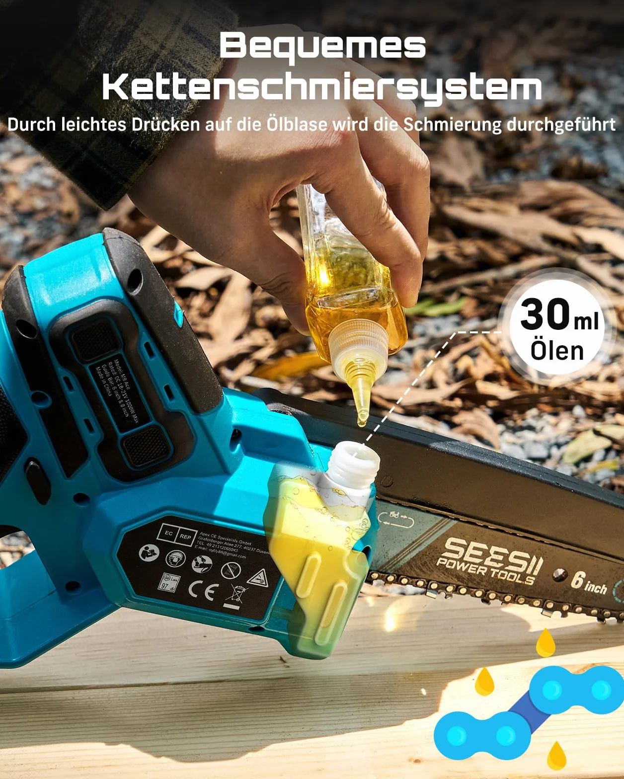 SEESII Mini piła łańcuchowa, 1000 W, bezszczotkowa piła łańcuchowa z 2 bateriami 4000 mAh, mała piła z automatycznym smarowaniem łańcucha i naprężeniem łańcucha bez użycia narzędzi, piła do gałęzi
