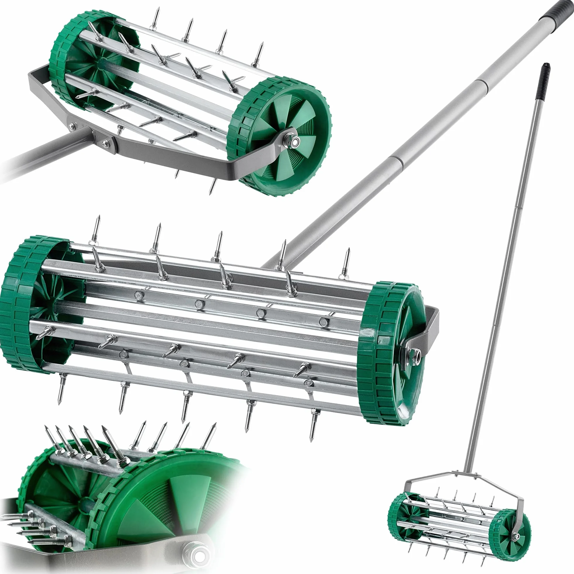 KADAX Ręczny wertykulator napowietrzacz trawnika stalowy aerator z gwoździami 3,3 cm wałek kolczasty 148 cm