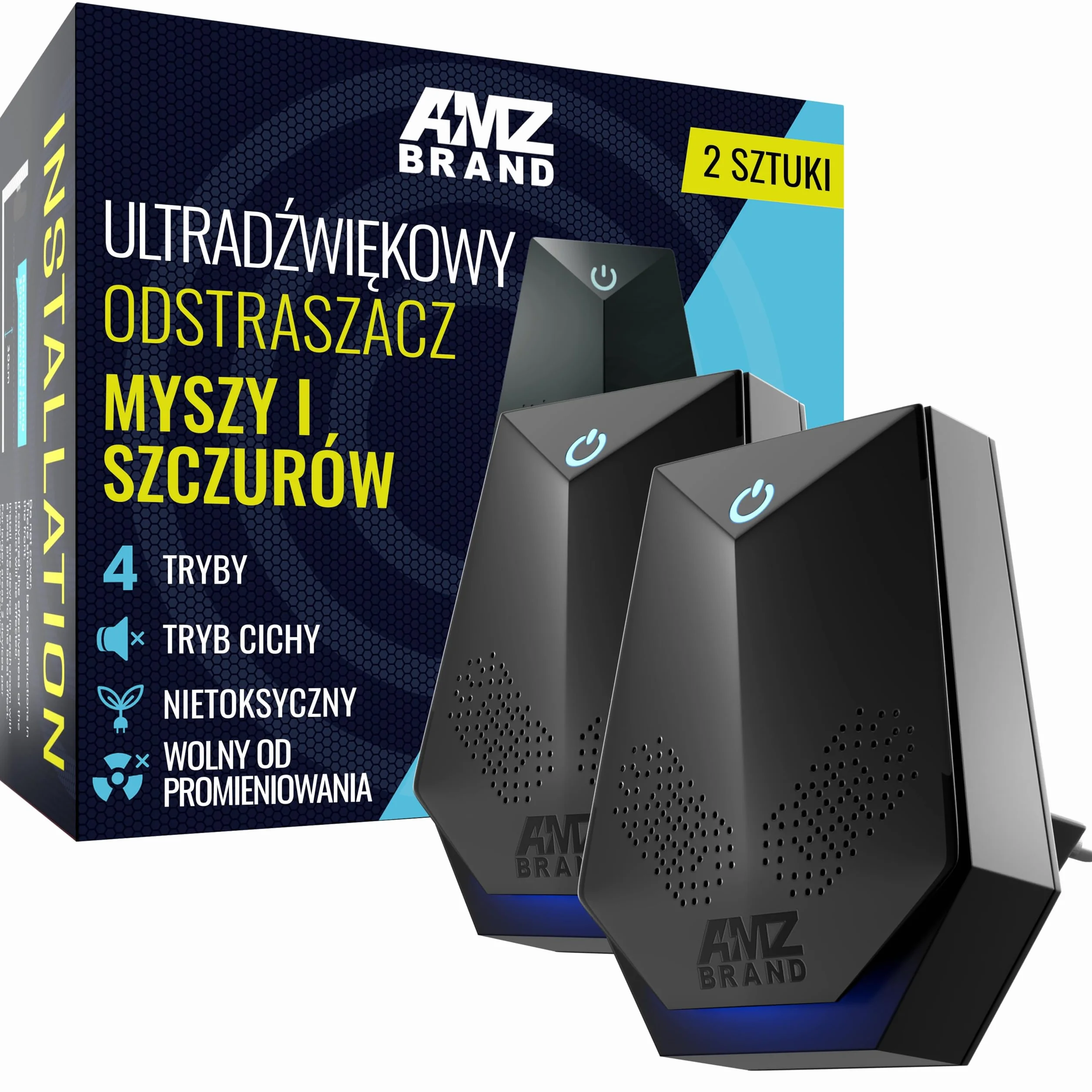 AMZ BRAND Ultradźwiękowy Odstraszacz Myszy 2 Pakiet - 4 Tryby Pracy - Tryb Cichy - Bez Promieniowania