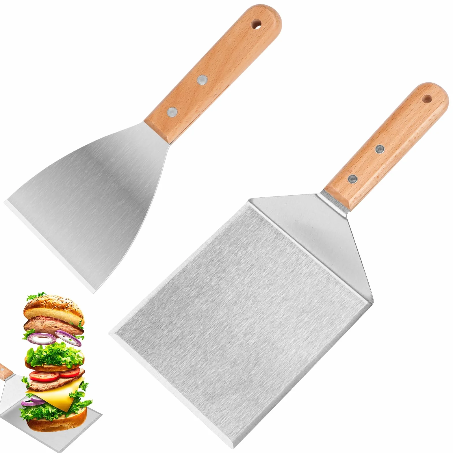 Zestaw łopatek do grilla ze stali nierdzewnej, zestaw łopat do grilla z drewnianym uchwytem, zestaw sztućców do grilla, narzędzie BBQ, obrotnica do burgerów, łopatka do plancha, łopatka do patelni do