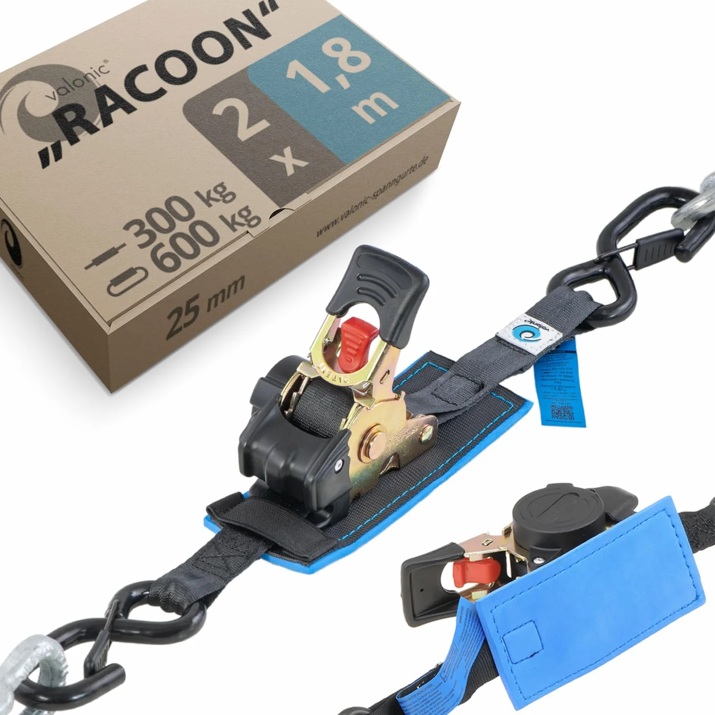 valonic RACOON - 2x 1,8m automatic ratchet tension strap, 25mm, 300/600 Kg, wyściełany, EN-12195-2 - z grzechotką, czarny, pasek napinający do motocykli