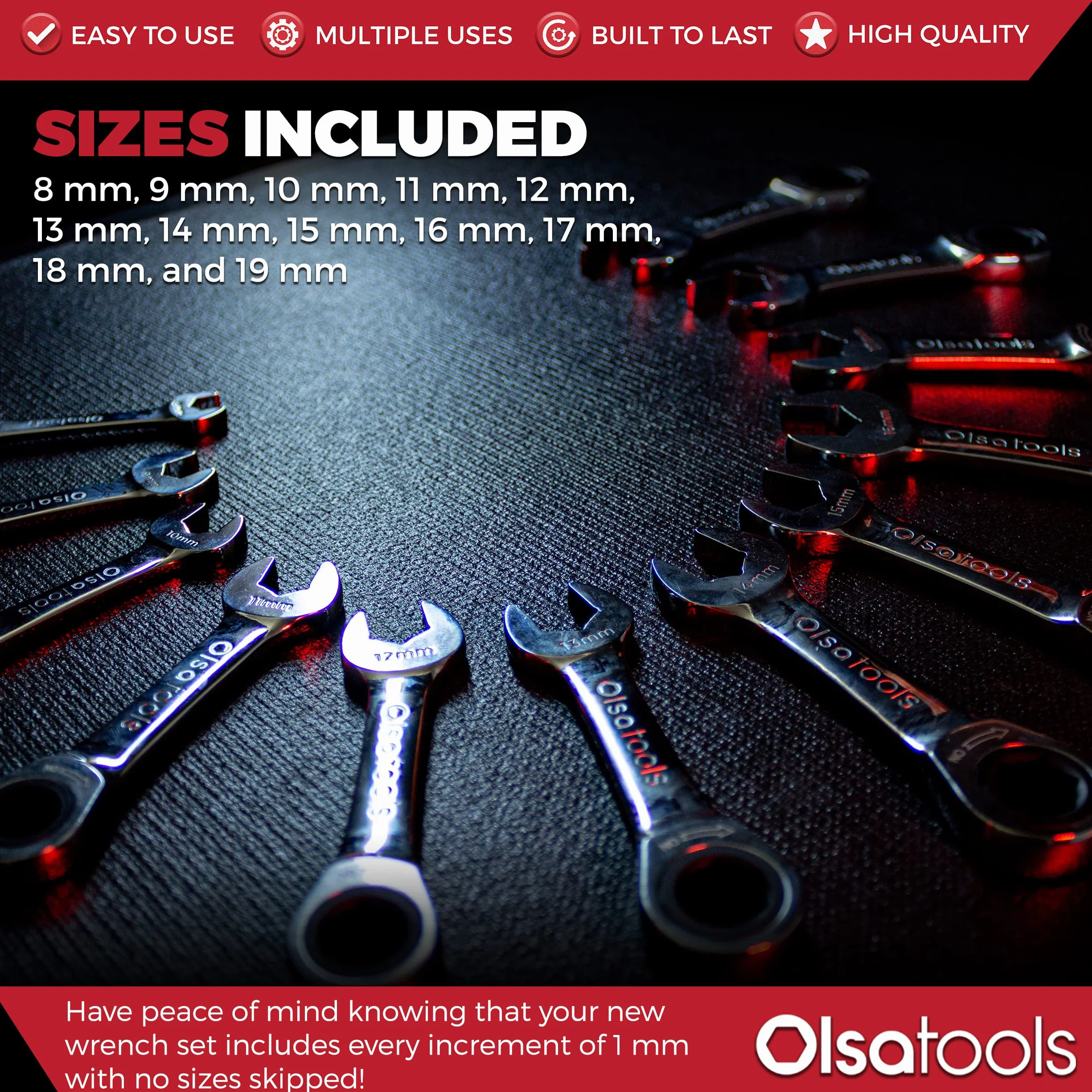 Olsa Tools 12 szt. metryczny zestaw kluczy grzechotkowych, 120 zębów, Stubby, stal chromowo-wanadowa