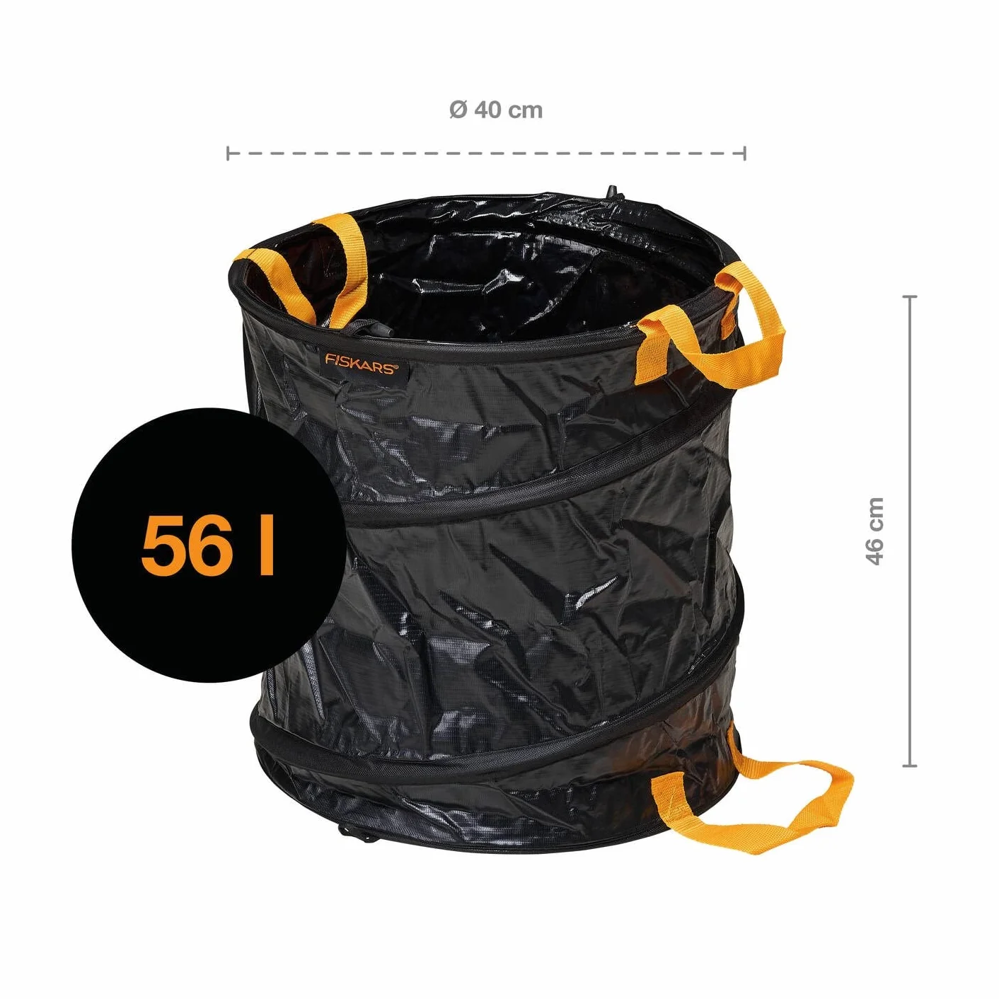 Fiskars Kosz ogrodowy PopUp z trzonkami, Pojemność: 56 litrów, Czarno-pomarańczowy, Solid, 1015646